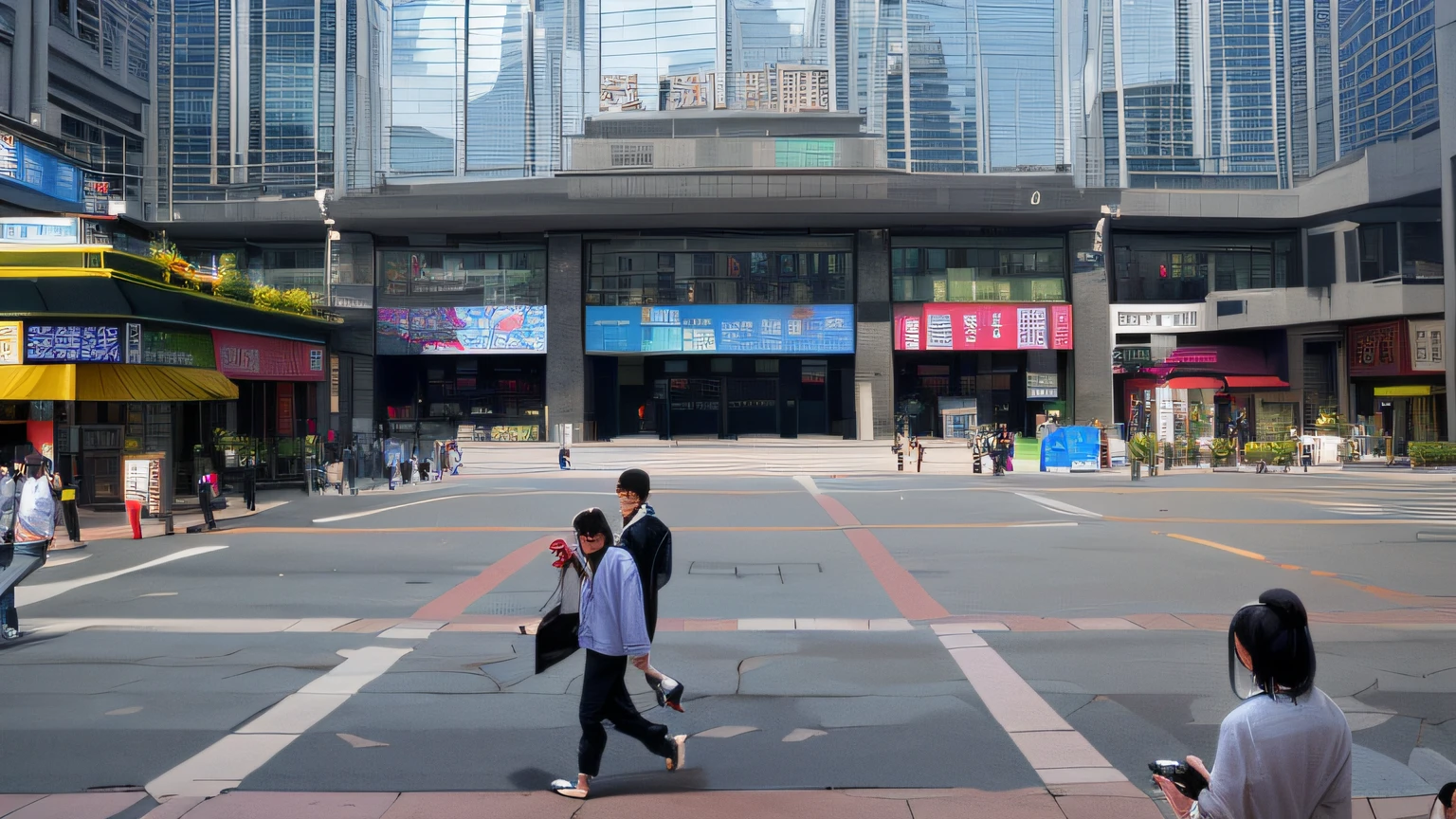 People walking in the city square，In the background is a large building, shenzhen, shanghai, 🕹️ 😎 🚬, Afp, wide wide shot, Hangzhou, photograph taken in 2 0 2 0, mid-20s, shaxi, mid-30s, mid - 3 0 s, jia ruan, central hub