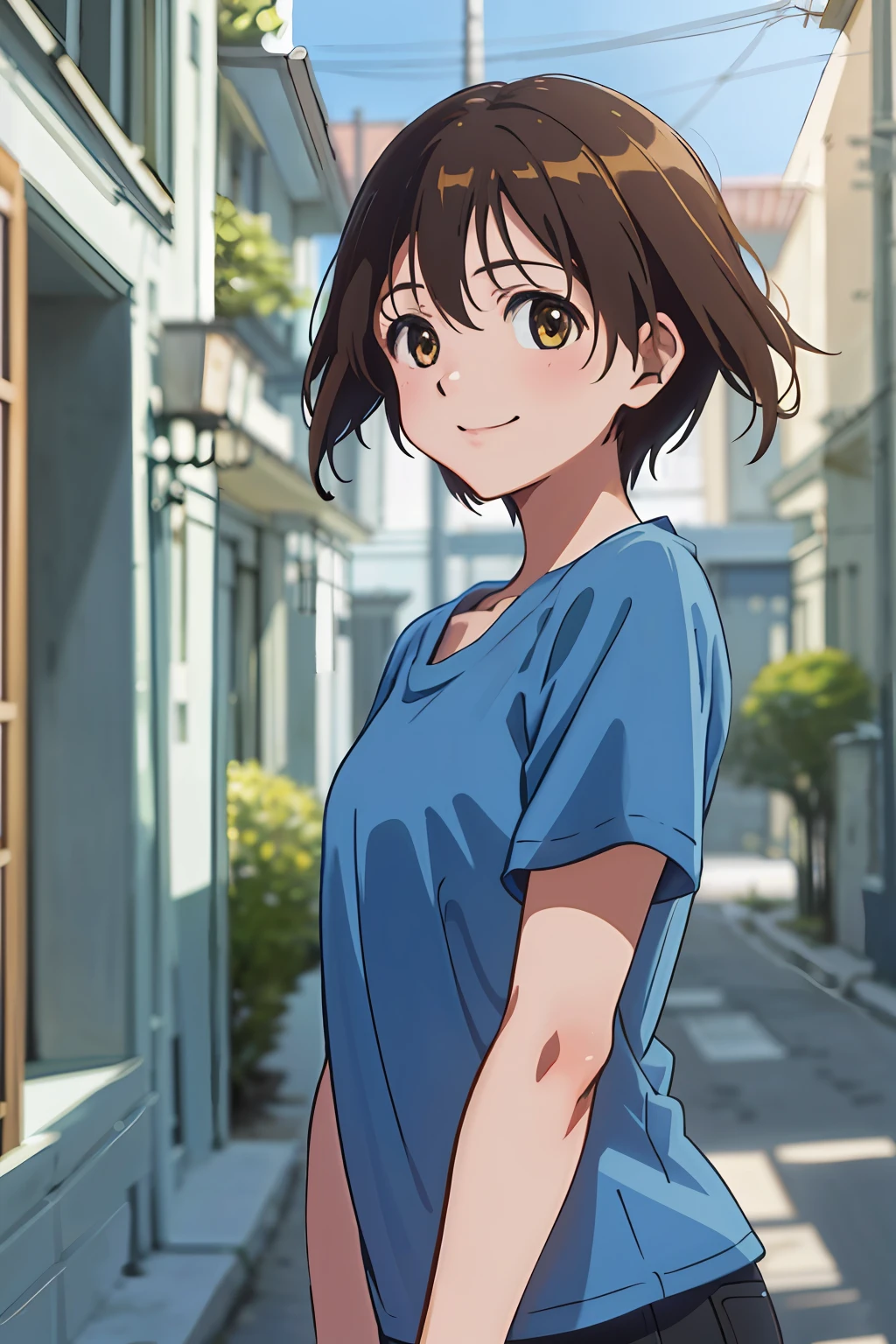 (highres, best quality:1.2), 1girl, radiance, soft contours, beautiful drawing, upper body, concept art, eyelashes, kyoani hyouka style, detailed background, bright colors, miyafuji yoshika, 1girl, outdoors, park, (short hair), smile, blue t-shirt, denim shorts,