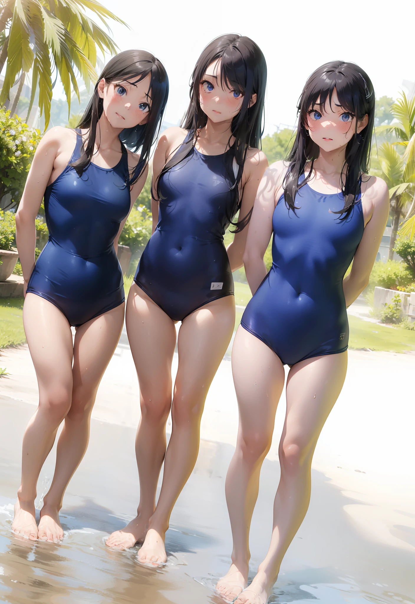 ((top-quality))、((​masterpiece))、1girl in、Formal-up、beautiful detailed eyes and face、pretty skin、a very cute、22year old、School swim wear(darkblue、Simple design、Matte texture、Wrinkle、Polyester material、Nero、shadings、)Wet body、Anime Face、Beautie、Facing the front、big eye(Beautiful fece、Anime Face、Clear eyes、Fine details、Beautiful eyes)Well-formed face(Beautiful nasal muscles、Perplexed、sharp mouth)full of sweat、sodden、Wet feeling、Background with(sunny sky、takeout)、8K picture quality、perfectly proportions、A slender、red blush、female focus on,  hair adornments,length hair, Look at viewers,