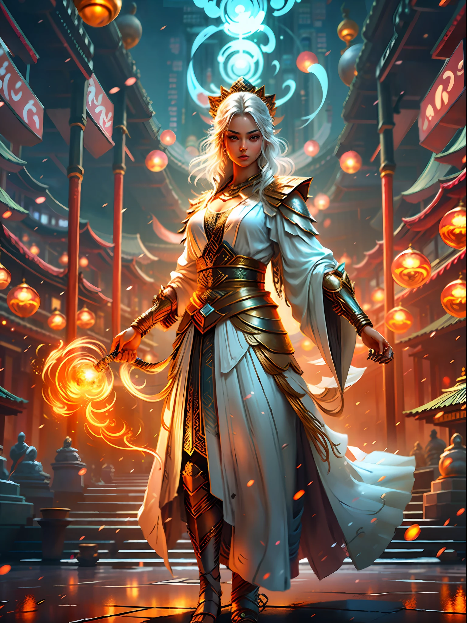 tmasterpiece，hyper HD，8k，White skin of the，Super long white hair，20yr old，1girl，slim toned body，Vest line，long hair flowing，paleskin，Glowing skin，Surrounded by lights，Exquisite jewelry，Delicate bracelet，Delicate hair accessories，Does not expose the chest，Wear a robe that does not expose the chest，Professional classical dance moves，upperbody closeup，Detailed face，People float in the air，The feeling of being high，The hand is surrounded by a blue-violet aperture，Fairy air fluttering，Holding various magic weapons in his hands，Gorgeous silk，Flowing tulle，Golden Buddha statue Falun background and dazzling background，Buddha statue background，The golden Falun is behind the figures，best light，cinematic filter，Digital illustration art，Superb art painting，