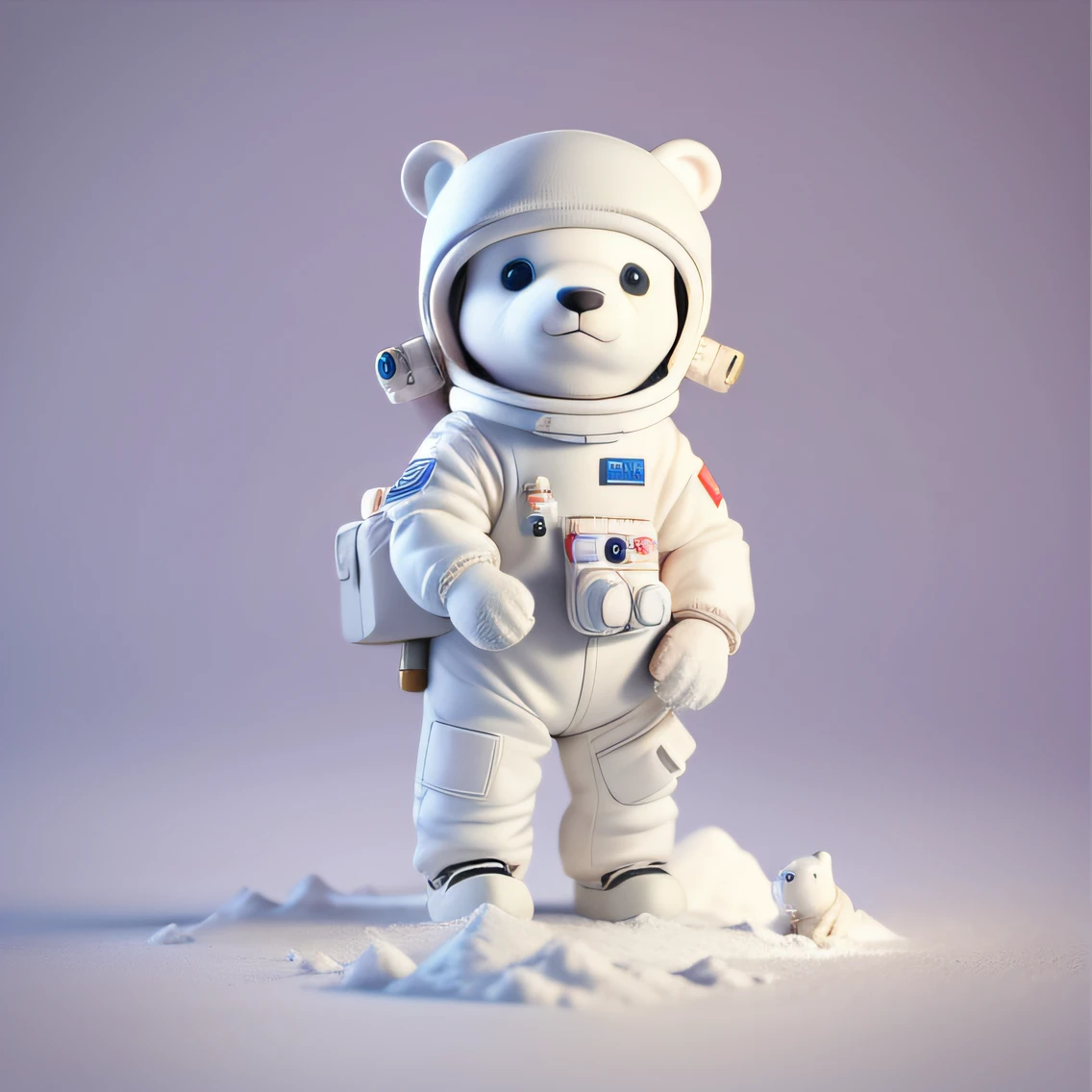 Cute polar bear in space cap,Wearing a white spacesuit,Full body photo,claymation style,3Drenderingof