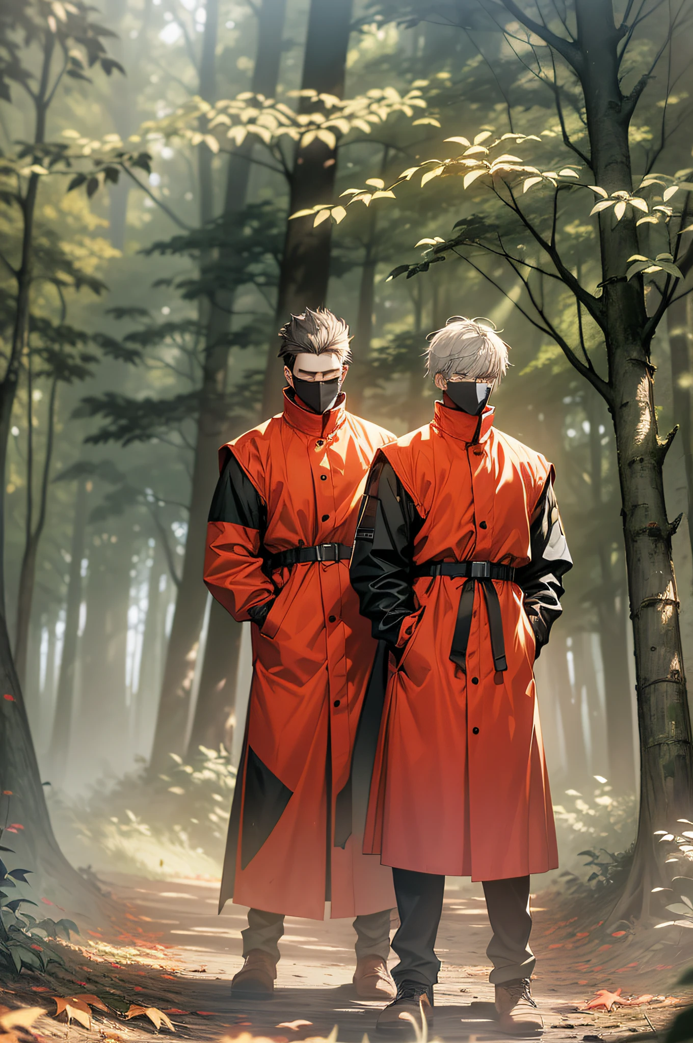 Two young men standing in the dark forest, It is surrounded by tall trees and autumn leaves. The man's face was obscured by a blur, As if to protect their identity. They wore black jackets,Gray hair reaches the shoulders. The forest is dimly lit, Create a contrast between red and black. The image evokes a sense of mystery and danger.
