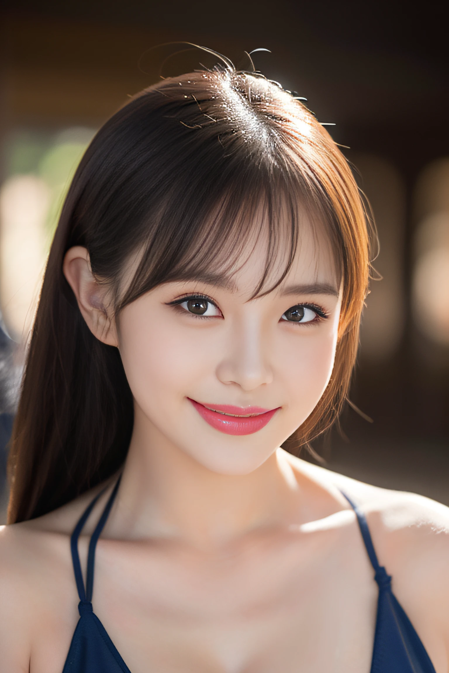 lightsmile, ear blush,Short ponytail, Mole under the eyes, Heart-shaped pupil, eyeballs, longeyelashes, lightsmile, Shy, Seductive smile,drop shadow, anaglyph, stereograms, One-person viewpoint, Cowboy Shot, Bokeh, 8K, Super Detail, ccurate, Best Quality,The bikini,full body