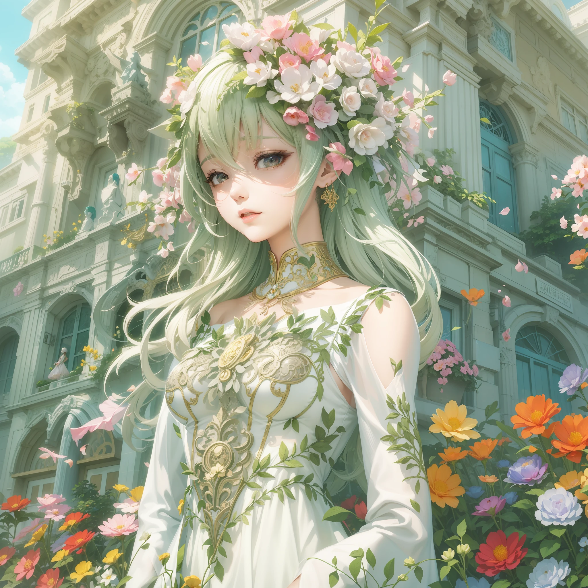 Woman in white dress standing in front of building with lots of flowers, anime fantasy artwork, anime fantasy illustration, a beautiful artwork illustration, beautiful anime artwork, elaborate digital art, intricate ornate anime cgi style, anime art nouveau cosmic display, beautiful anime art, beautiful digital works of art, beautiful fantasy anime, Detailed anime artwork, Detailed Digital Anime Art, dreamy psychedelic anime