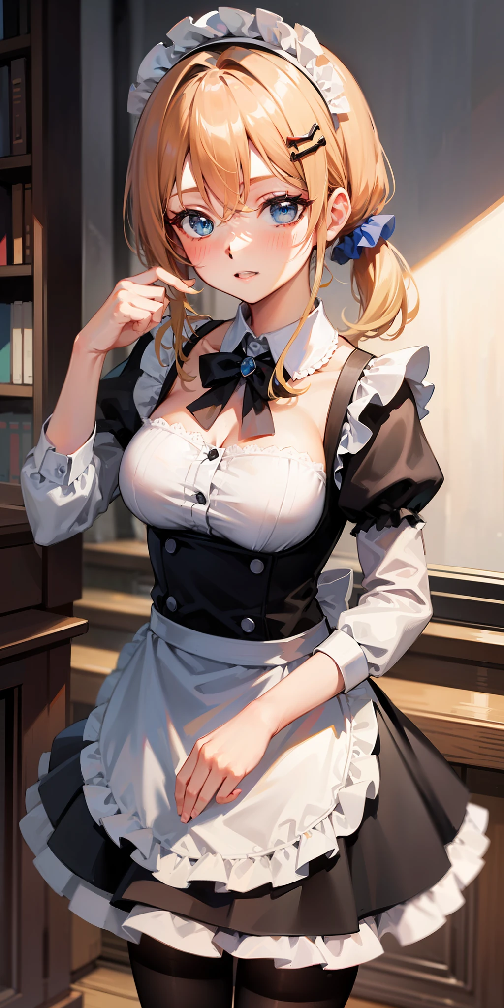 masterpeace, best quality, highres, 1girl, hayasaka ai, solo, blonde hair, maid, blue eyes, side ponytail, hair scrunchie, hair ornament, blue scrunchie, maid headdress, apron, hair between eyes, breasts, long sleeves, bangs, white shirt, black dress, sidelocks, maid apron, black pantyhose, cowboy shot,