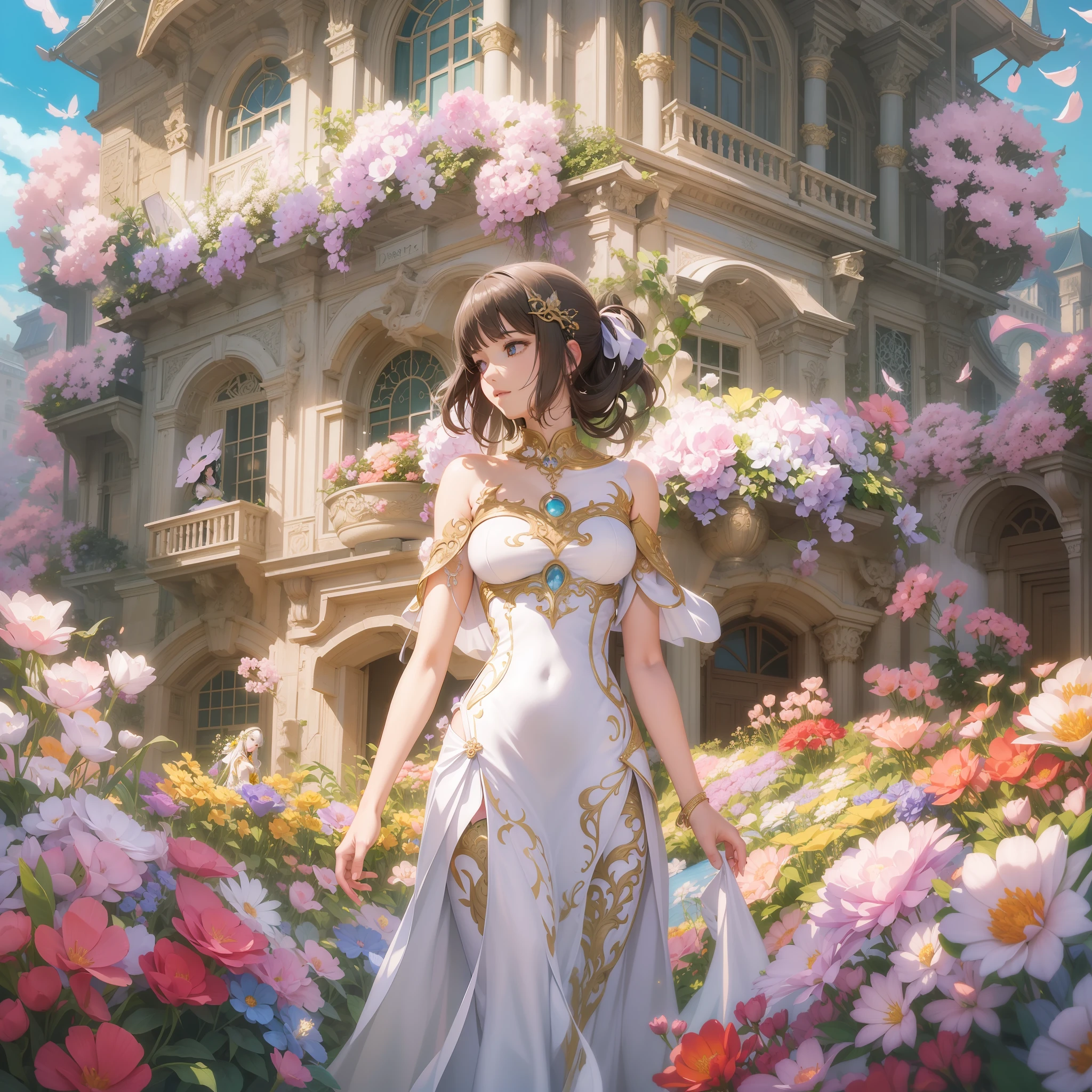 Woman in white dress standing in front of building with lots of flowers, anime fantasy artwork, anime fantasy illustration, a beautiful artwork illustration, beautiful anime artwork, elaborate digital art, intricate ornate anime cgi style, anime art nouveau cosmic display, beautiful anime art, beautiful digital works of art, beautiful fantasy anime, Detailed anime artwork, Detailed Digital Anime Art, dreamy psychedelic anime