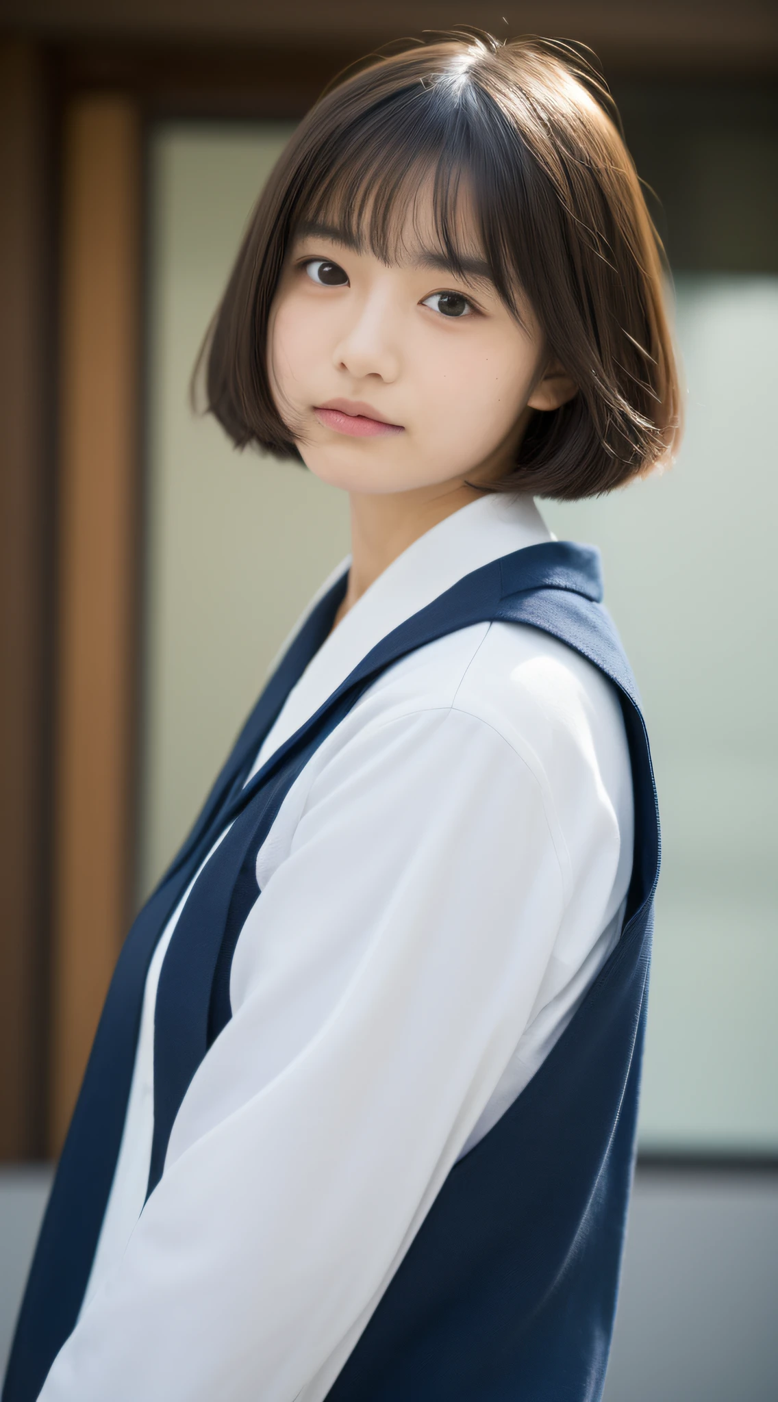 (Top Quality, 8K, Masterpiece: 1.3)), Focus: 1.2, Perfect Body Beauty: 1.8, Ass: 1.2, ((Layered Haircut, Breasts: 2.5)), Japan High School Girl, Sailor Suit Worn by Japan High School Student, JK, Junior High School Student, (School, Classroom), Highly Detailed Face and Skin Texture, Big Eyes, Tanuki Face, Double Eyelids, Whitened Skin, Shoot Cut