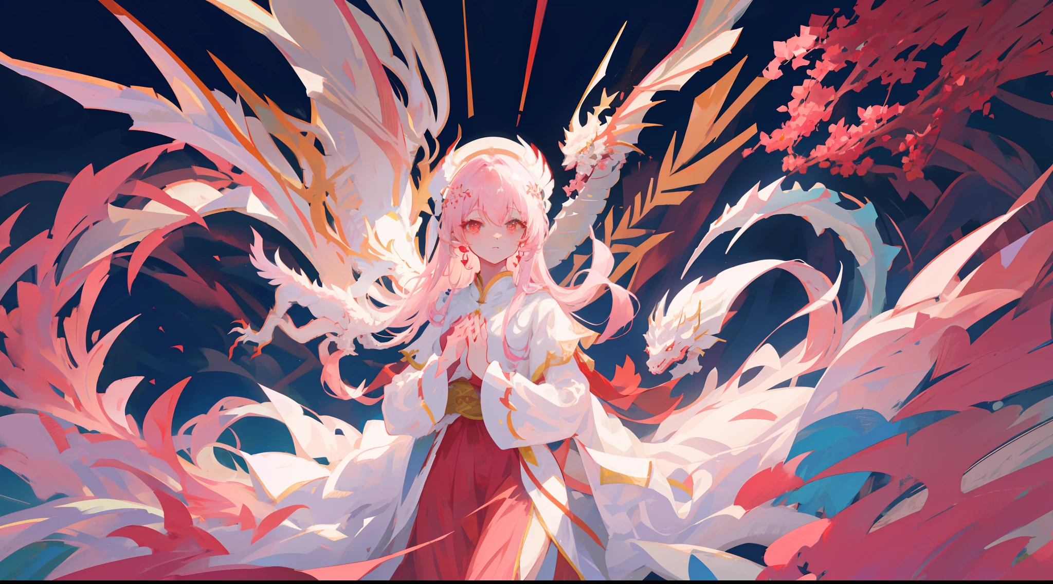 Pink, White, 1girll, ninian fe, Red eyes, Long dress, jewelry, Dancer, From above, foreshortening, Shy, hands on the chest, looking over hands, (1龙, White dragon, Dragon, loong background:1.2)