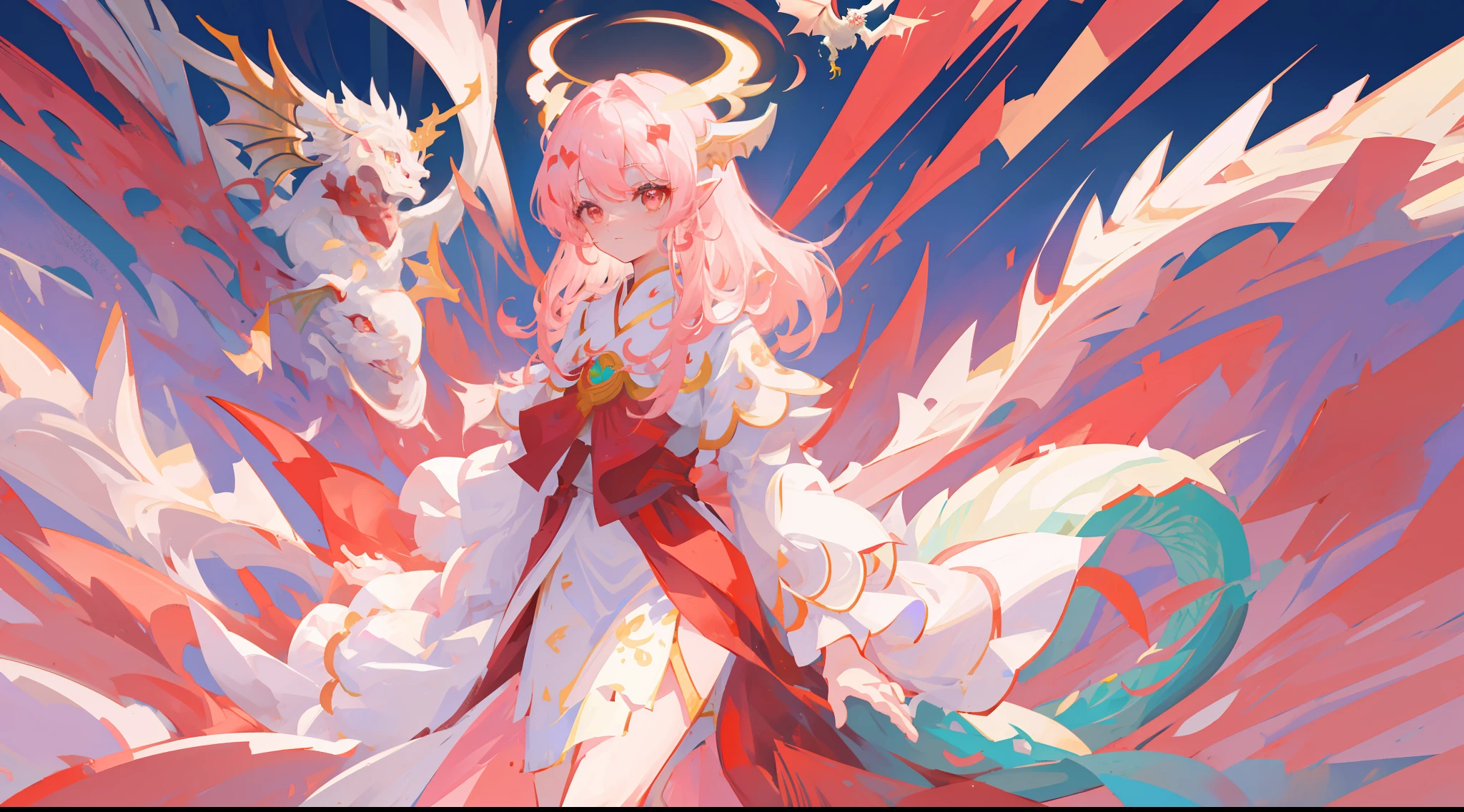 Pink, White, 1girll, ninian fe, Red eyes, Long dress, jewelry, Dancer, From above, foreshortening, Shy, hands on the chest, looking over hands, (1龙, White dragon, Dragon, loong background:1.2)