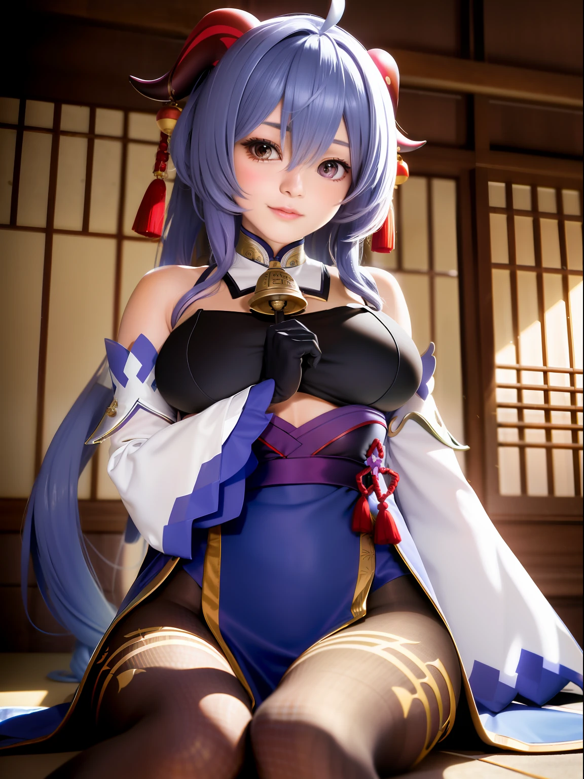 masutepiece, (Photorealistic:1.5), Best Quality, Beautiful lighting, Real life,
ganyu \(GenshinImpact\), 1girll,,(Breast medium 1.2), ssmile,(close-up),Ahoge, architecture, Bangs, Bare shoulders, bell, Black Gloves, Black pantyhose, (Blue hair), blush, breasts, Chinese knot, Detached sleeves, East Asian Architecture, flower knots, mitts, Horns, Long hair, view the viewer, medium breasts, neckbell, Night, Outdoors, pantyhose, Purple eyes, side locks, Solo, Nipple Tassel, White sleeves, (ulzzang-6500:0.5)
, Convoluted, high detailing, Sharp Focus, Dramatic, Beautiful Girl , (Raw photo, 8K UHD, film grains), Caustics, Subsurface scattering, pondering