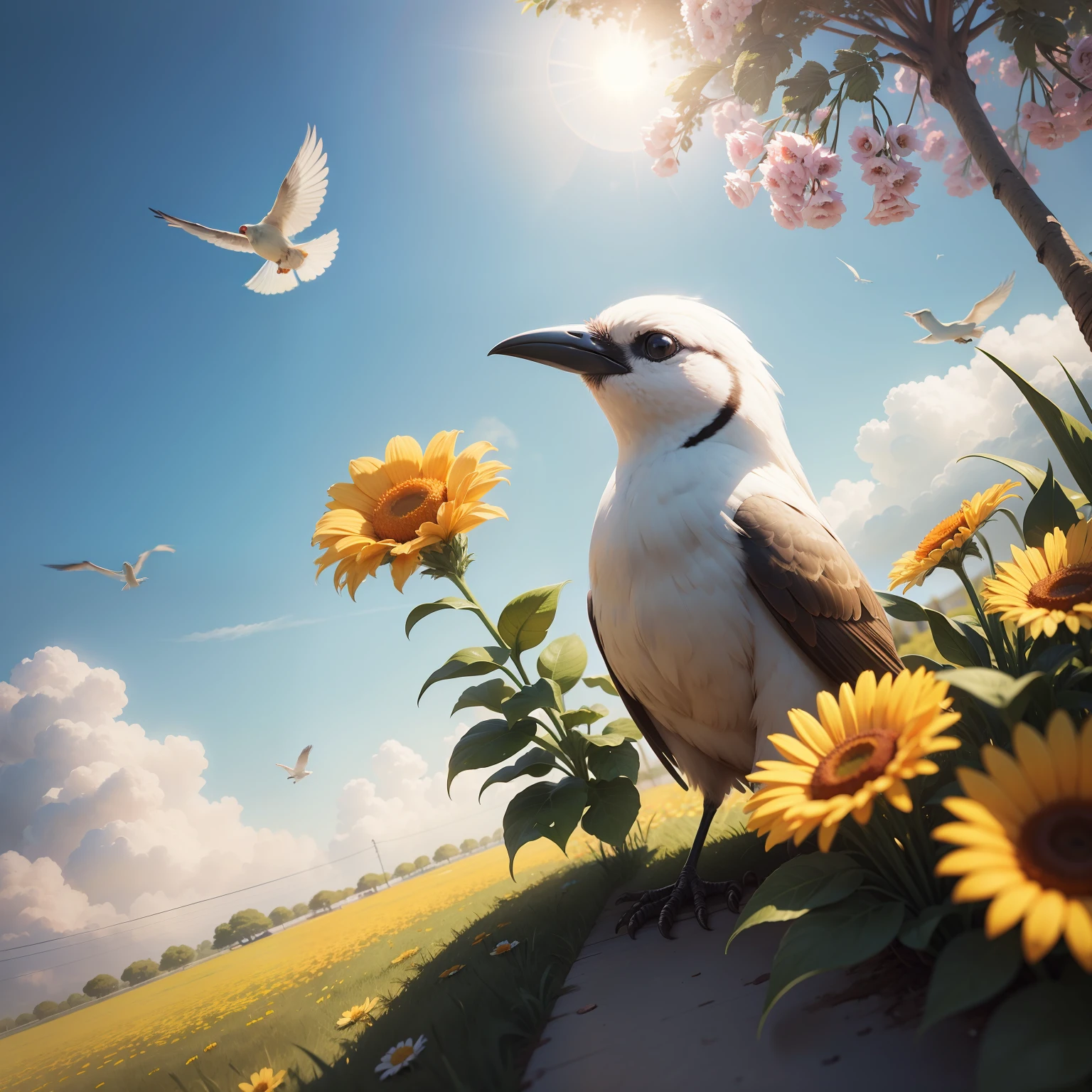 and the sun was shining brightly，Birds talk and flowers
