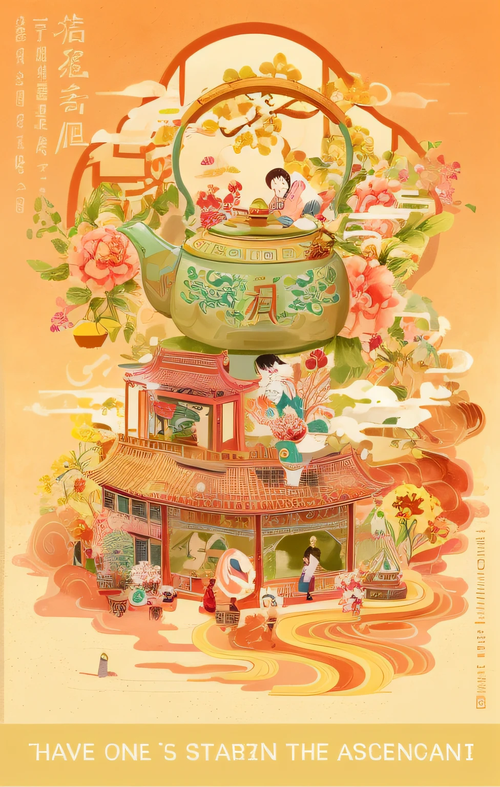 There is a poster,There is a teapot on top, A beautiful artwork illustration, Poster illustration, cmyk palette, Colorful illustration, painted illustration poster, full-colour illustration, hand painted cartoon art style, colorful illustrations, Chinese watercolor style, Inspired by Victor,Pink flowers,Clouds