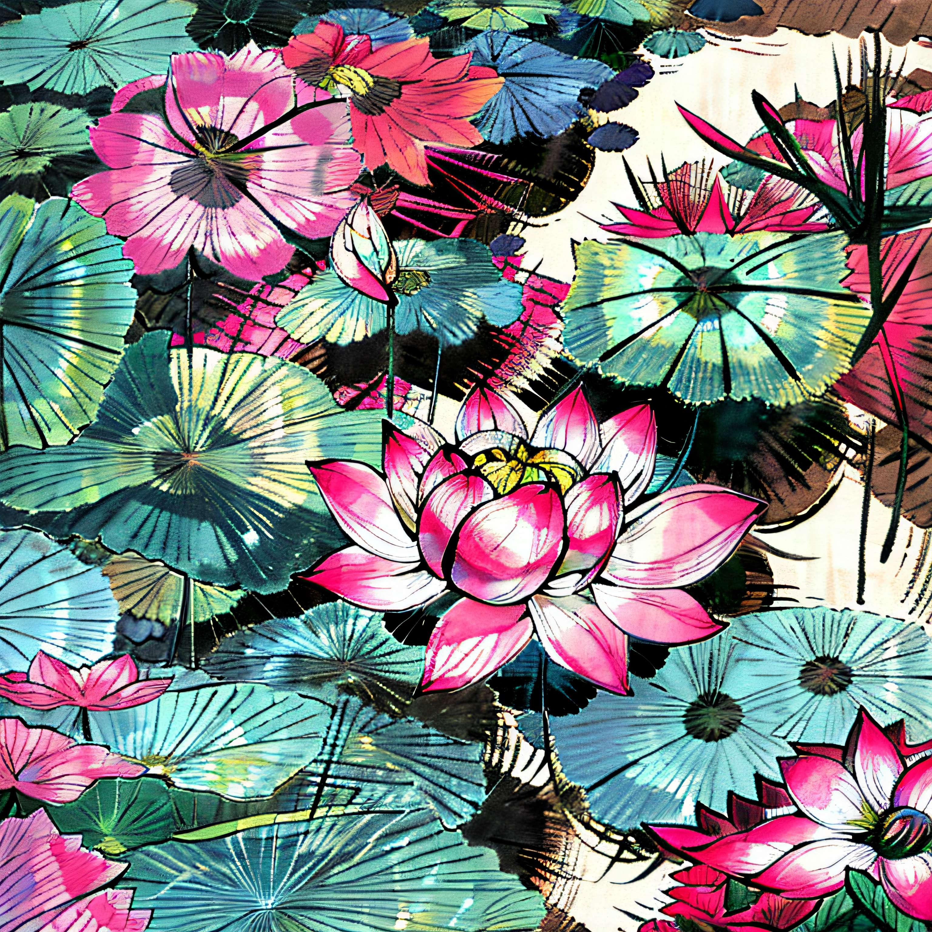 lotus flower、Pond of lotus leaves and bridges