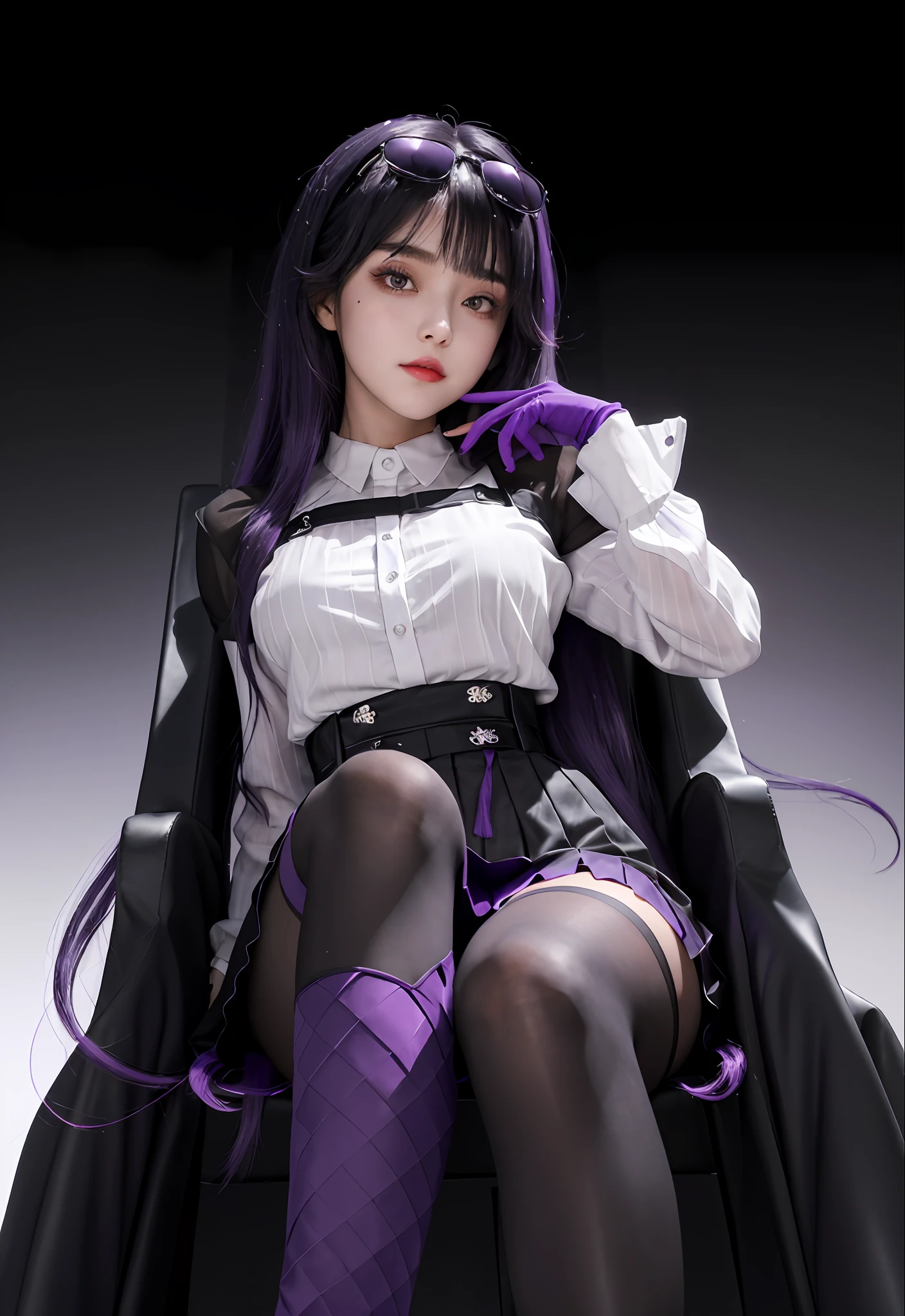 (Masterpiece, Best quality),8K quality, 1girll, 独奏, KafkaHKS, A woman sits in a chair,There was a knife leaning against the side of the chair,Playful expression!Purple and black clothes。eyewear on head, gradient backgrounds, hair between eye,Long sleeves, Purple gloves, White shirt, Purple pantyhose, Black boots, Purple cobwebs, Black silk thighs, sunglasses on head, long whitr hair, looking at viewert, Black Purple Hair, Short purple nails, Scarlet eyes,Thighs, Thighs,upper legs,long whitr hair,Wine,wineglass,((tmasterpiece))Pleated purple skirt,Sat down,Absolute realm,mistic,magical