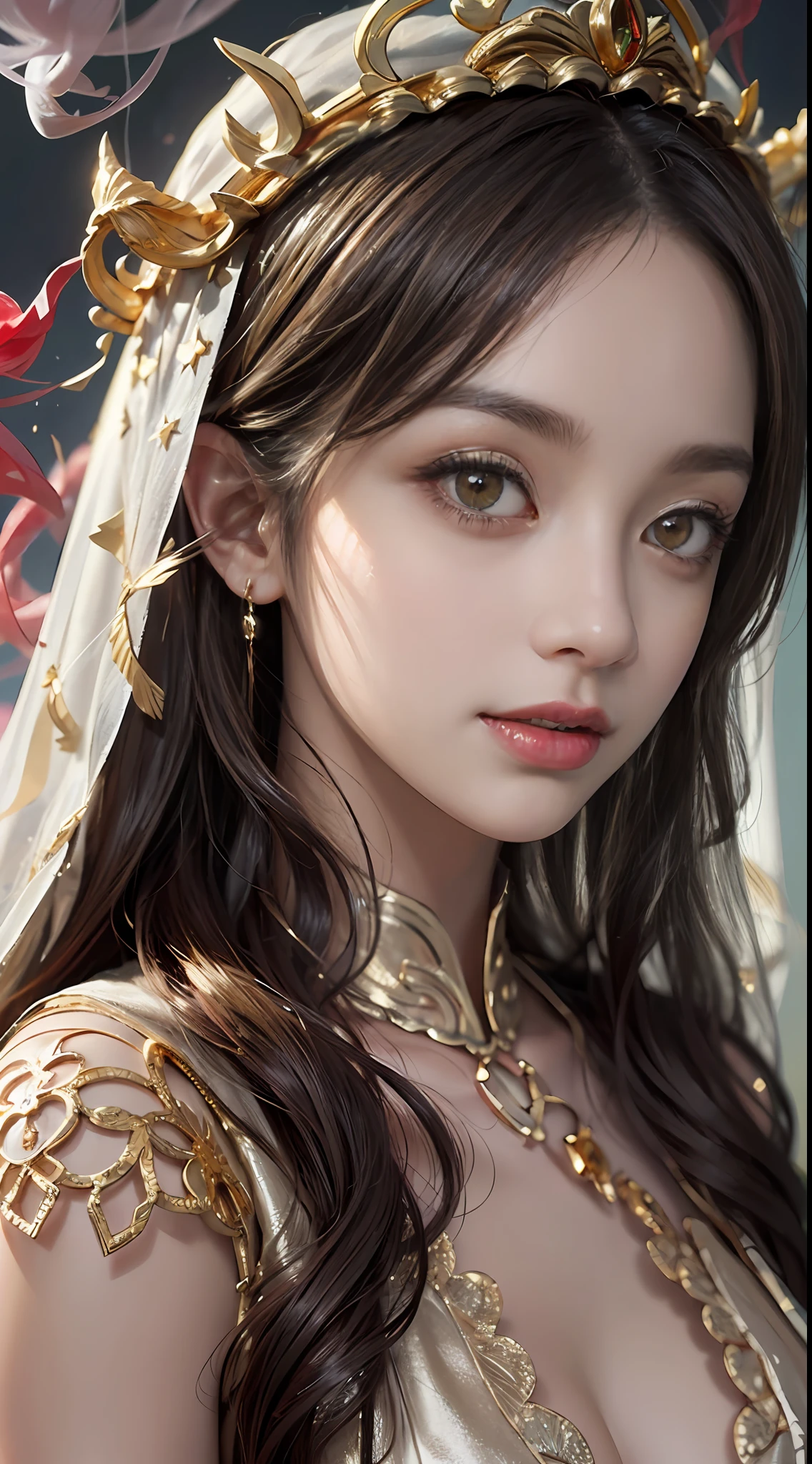 1 beautiful 27-year-old saint, charming adult saint in a long dress made of thin silk, flawless beautiful face, wearing a thin multicolored silk dress, (((Natural smile:1.0))), ((flat bangs:0.5)), (((platinum long hair:0.8))), big crown, hair brooch, hanfu dress, fanciful hanfu style, full body jewelry, forehead tattoo, super even chest, woman face, beautiful and pretty face, ((even porcelain teeth: 0.8)), The most beautiful and detailed light red lipstick, ((Thin plump lips:0.3)), ((Golden Eyes color:1.6), Detailed and delicate lighting effects, light and dark, dramatic lighting, magical light, extremely detailed light, true color, super sharp, realistic, 8k quality, fantasy universe background, saints and magical space, the most detailed images, ((Solo:0.3)), ((a saintess:0.6)), ((looking directly at the saint's upper body:0.4)), upper body, ((smooth skin:0.5)), ((the holy woman's veil:1.2)), ((solo:1.3)), ((alone girl:1.3)), female saint portrait, short images, Upper body portrait, (((open mouth:0.6))), Digital Realistic, ((fanciful red smoke effect:1.2)),