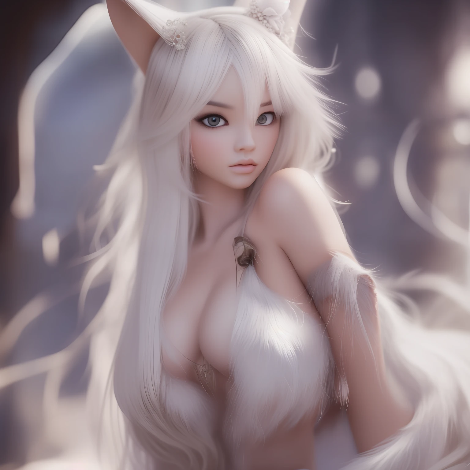 1 cute sexy girl, 独奏, Sexy nudity, There is less white skin covering the underparts, tmasterpiece, Best quality at best, Textured skin, face ultra detailed, (shiny skins, perspired:1.4), Looking at the castle:1.2, Long flowing white hair, fox ear,slenderness,Dynamic light and shadow,A high resolution,Sharp focus,depth of fields,The eyes are delicate,White fur covers the chest,pupil realistic,(boobgasm:1.2),(Thigh thick:1.0),nigth,Shining moon,High hills