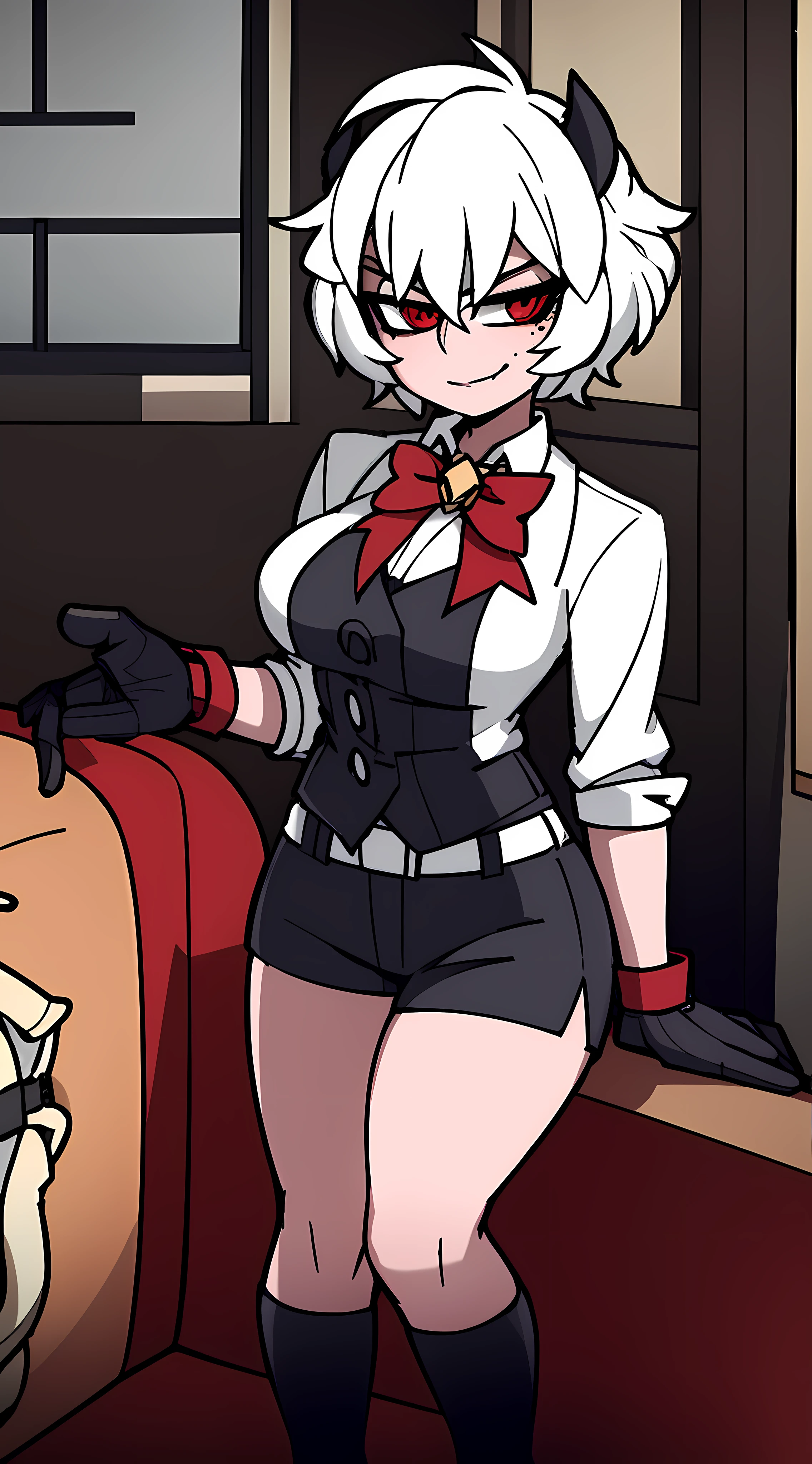 1girl, solo, height difference, white dress shirt, unbuttoned shirt, two tone shirt, belt, shirt collar up, short jacket, black fingerless gloves, breasts, wide hips, blush, blushing, thick thighs, night, cross necklace, heart eyes, full body shot, horns on head, demon tail, red black and white background colors, white hair, tomboy, short hair, smiling, smug, dress shoes, short shorts, exposed thigh, green eyes, black hair, viewing from front, thick thighs, knee socks, exposed stomach, thighs, winking, large breasts, living room, wood walls, black leather couch, dynamic angle, sharp focus, sitting, mascara, sunglasses on head, horizontal seat, symbol shaped pupil, heterochromia, glowing eyes, two tone top, hand on head, windows, sunrays, mole under eye, 1 red eye, luggage in background, Victorian style architecture, window on side of seat, gothic, 8k resolution, grey sky, warm colored lighting,