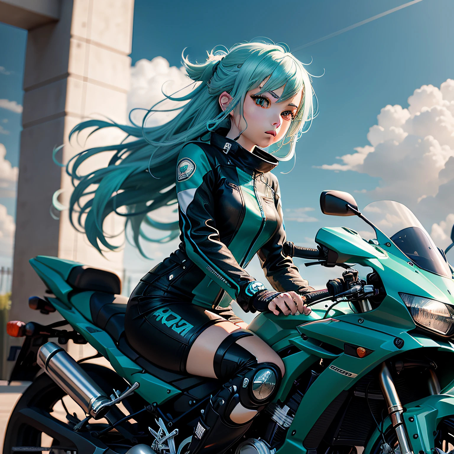 Anime wind motorcycle player,Focus in the game,Anime girl with teal hair