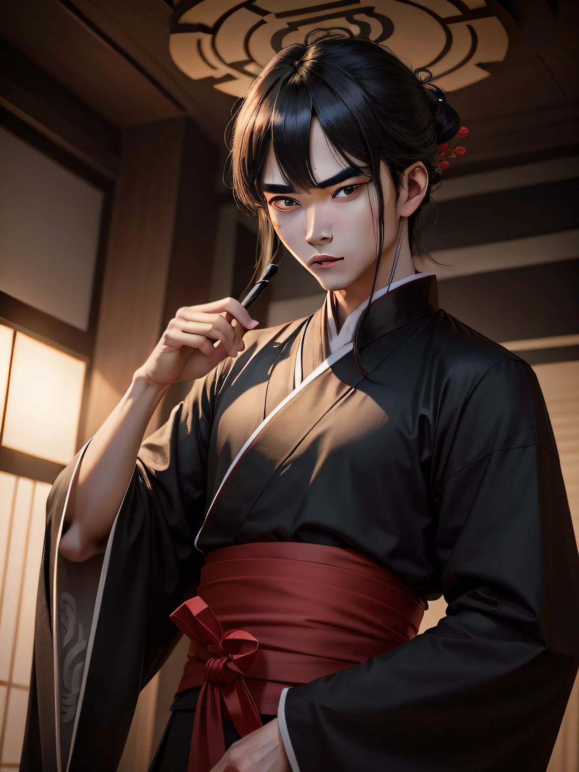 of a guy,Wear black Hanfu,The eyes are fierce,