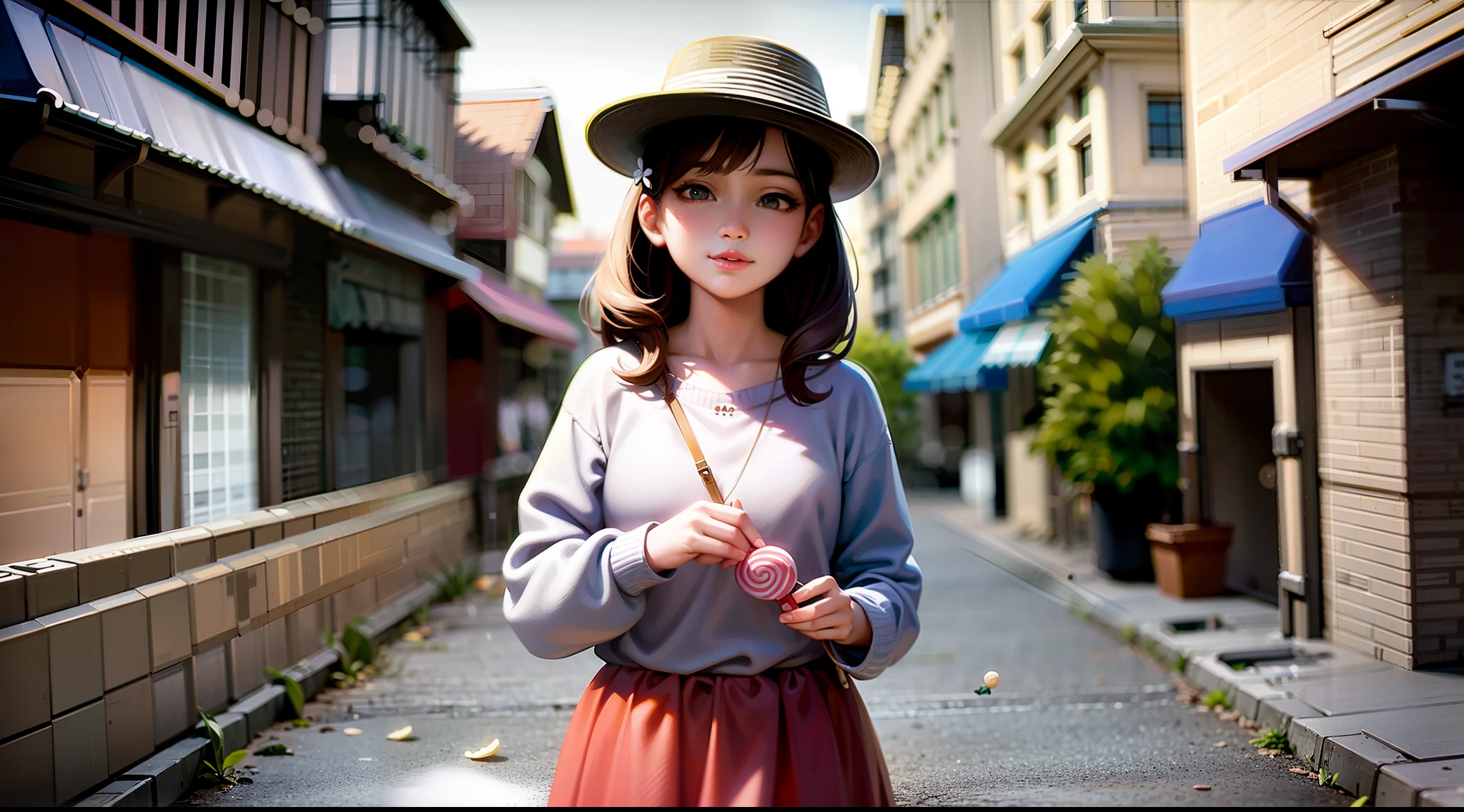 in the afternoon，On the street，Girl holding candy，Give away candy，Many people，Walk around