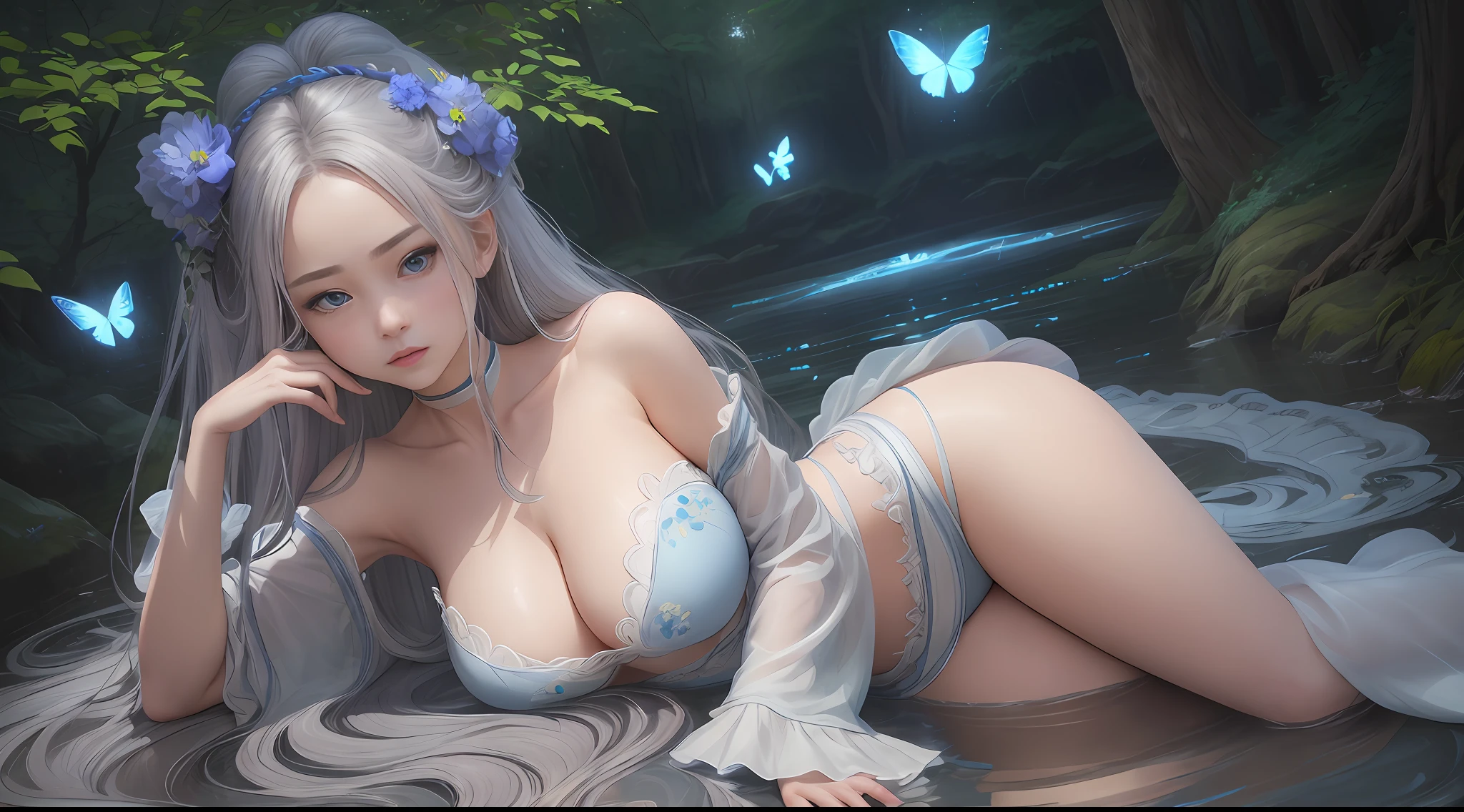 natta，down view,dynamic angle,magicle world，Super meticulous,illustratio,closeup cleavage,Looking directly at,Kizi,(fanciful:1.4),(Blue eyes:1.233),Her eyes shone like dreamy stars,(glowing light eyes:1.233) ,(美丽细致的眼睛:1.1),(silber hair:1.14),(messy  hair,Very long hair,french braid,Hair between both eyes,Lateral hair),(+(Gray hair flower:1.14)),(Chiffon dress，Hanfu，Off-the-shoulder attire，One shoulder，Expose the collarbone，Chestless clothing，Uniform white flower pattern)/,(Wide sleeves),(Fingerless gloves),choker necklace,(miko thighhighs),Barefoot, (big trees，In the forest，Shadows interlace, All kinds of beasts, ),(flor branca,full bloom),(flowingwater),(Dark Blue World Tree:1.14),(废墟),(natta ),Dreamy,soul,(Fluorescence),(Flying translucent blue butterfly:1.15),[[Delicate fingers and hands:0.55]::0.85],(Finger details),(yubao:0.5),3D，full bodyesbian，the detail，Background bokeh，high qulity，high detal，deep v big breasts，huge tit，Expose cleavage，Large trees interlace，full bodyesbian，Hanfu，solo person，faeries，haughty，high and cold，Under the moonlight，lake water，hot onsen，Out of the bath，sweat leggs，playing water