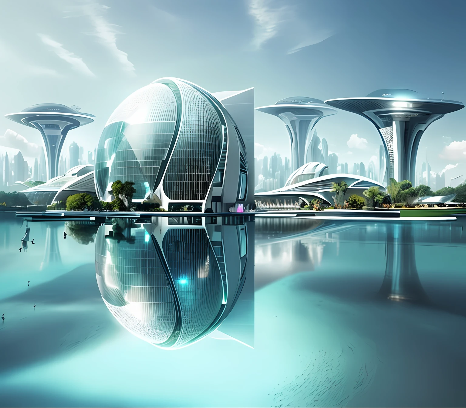 Architectural construction in the form of an ultra-futuristic dome, In front the building has a matte chromatic floor, Ao fundo, You can see a great futuristic metropolis, futuristic city with ecological balance, Daytime view of the building, beautiful futuristic mega construction, arquitetura sci fi surreal, futuristic buildings, Hiper realista