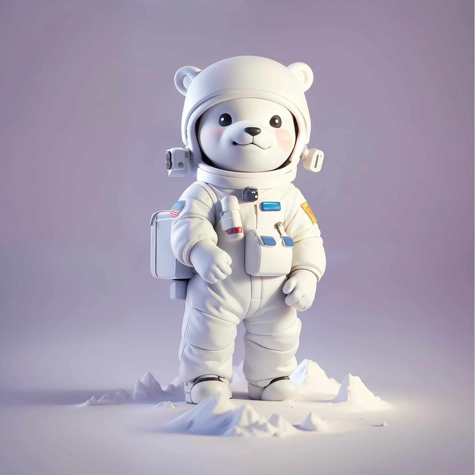 Cute polar bear in space cap，smiling expression，Wearing a white spacesuit，Full body photo，claymation style，3Drenderingof