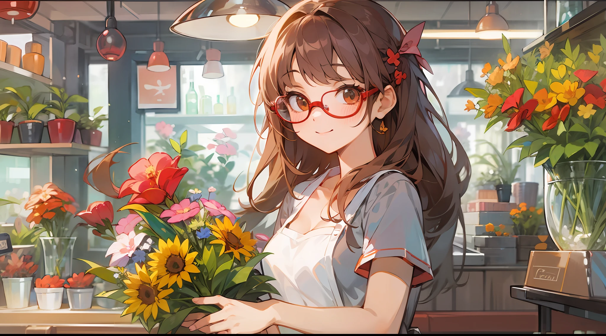 Best Quality、超A high resolution、fullllbody、Girl working in a flower shop、Making a bouquet、 Red glasses、A smile