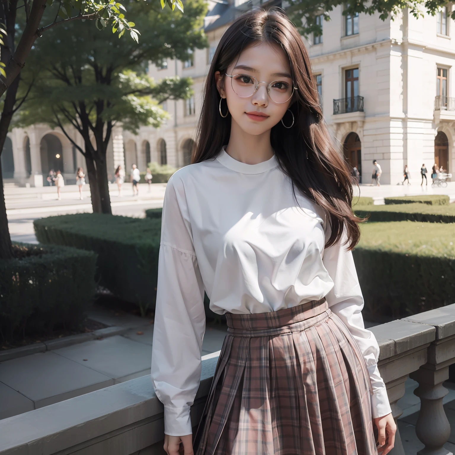 Ultra-high resolution masterpiece，Highest image quality，Campus white shirt，Round box，Silver glasses，ssmile，rays of sunshine，Slender，Quiet，Hair to shoulders，Tall，red plaid skirt，Gaze confidently into the distant terrace