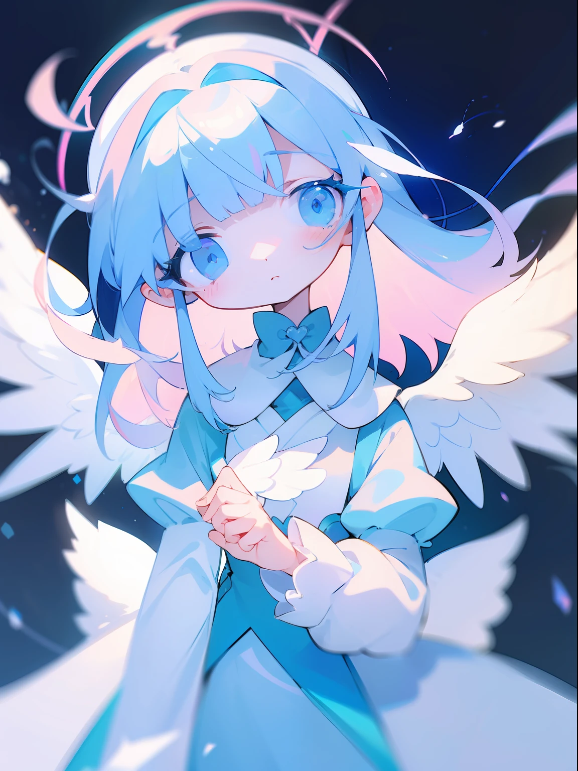 Three Girls、Cuteness stands out、Delicate and beautiful、long、white hair、Pastel Blue Hair、Pastel pink hair、With a sad look、Gaze、angelicales、Angel wings、