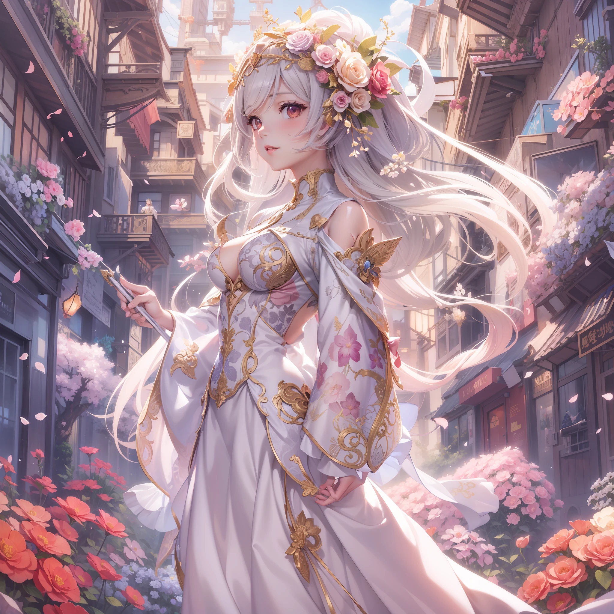 Woman in white dress standing in front of building with lots of flowers, anime fantasy artwork, anime fantasy illustration, a beautiful artwork illustration, beautiful anime artwork, elaborate digital art, intricate ornate anime cgi style, anime art nouveau cosmic display, beautiful anime art, beautiful digital works of art, beautiful fantasy anime, Detailed anime artwork, Detailed Digital Anime Art, dreamy psychedelic anime