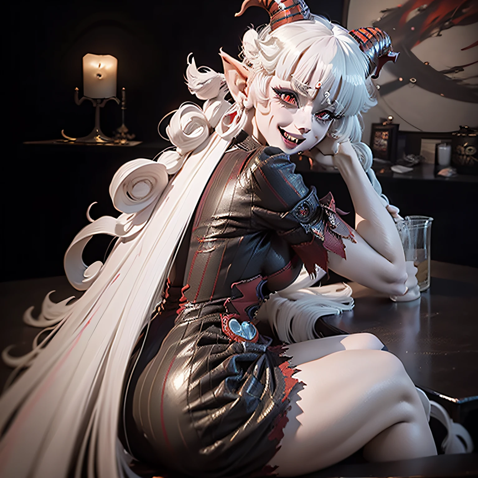 Albino-skinned woman with red whites with horns and horns on her head sitting at a table, menina anime demon, 2. 5 d cgi anime fantasia arte | | | | | | | | | | |, portrait of demon girl, 3 d render arte do caractere 8 k, Demon girl, arte de anime digital detalhada, deviantart artstation cgscosiety, Succubus bonito | | | | | | | | | | |, arte conceitual escura fotorrealista, Arte digital altamente detalhada em 4k, ((Sorriso com dentes extremamente afiados)), ((vestido vermelho)), ((( Busto extremamente enorme))), (((Huge ass)))