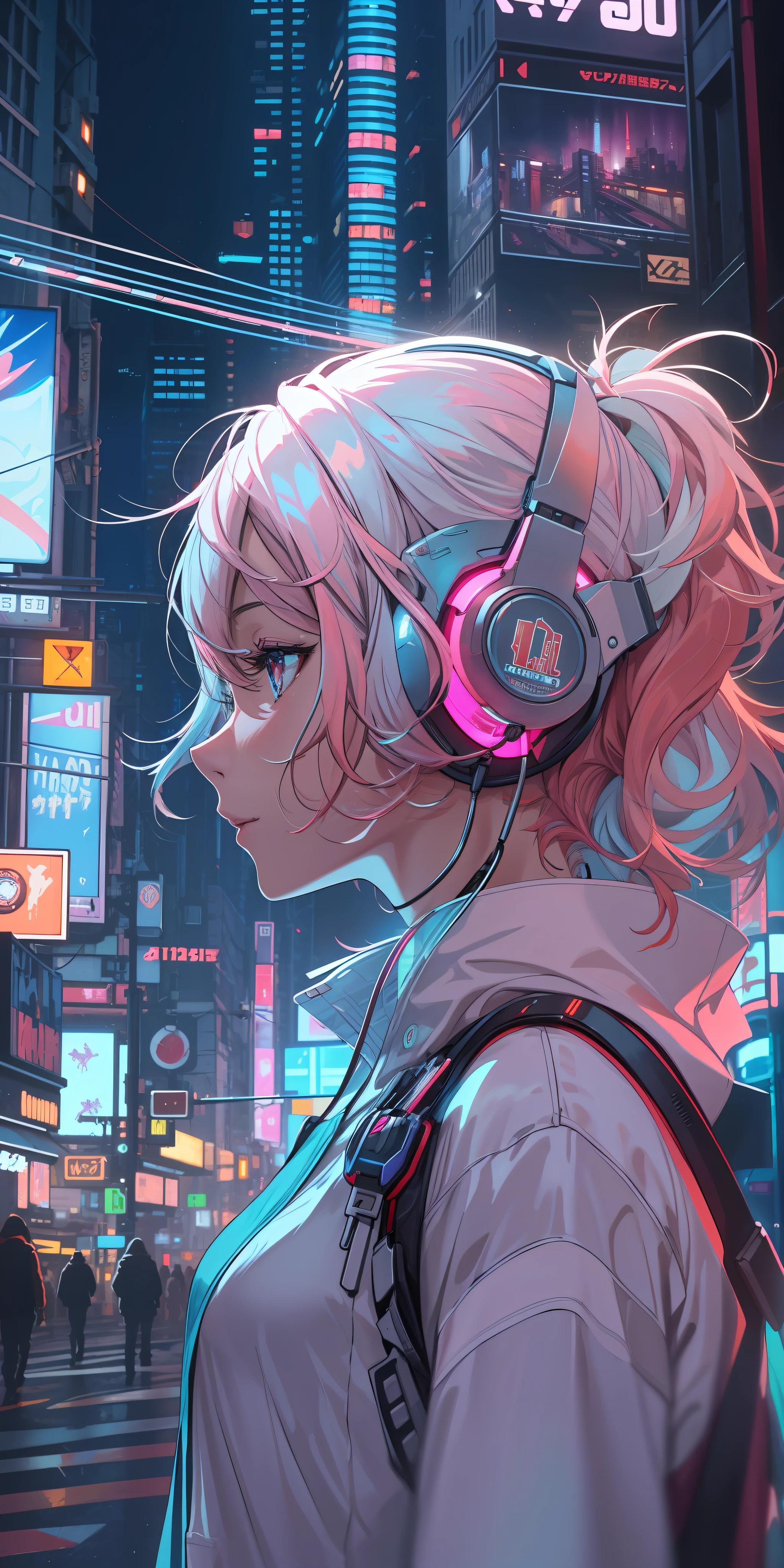 {masterpiece}, {best quality}, {{oil painting}} , {{wallpaper 8k CG}}, {realistic}, Concept Art, {{cyberpunk}}, vary blue and red and orange and pink hard light, intricate light, portrait of a robotic girl with pink hair and headphones in a city at night with neon lights and buildings in the background, in the Sci-fi City at night, white and intricate clothes, dynamic hair, haircut, dynamic fuzziness, beautiful and aesthetic, intricate light, manga and anime,