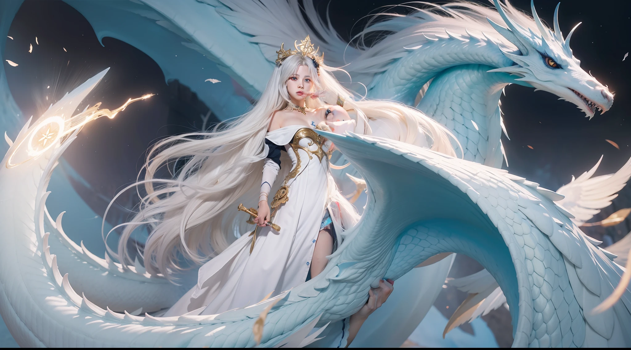Magic Book,Blood,Night, Dark, (Fantasy),infinite,deep blue sky,The abyss of knowledge,Cowledge,((masutepiece)), (((Best Quality))),((Beautiful fine eyes)),(Eye lashes)、Very beautiful face、Beautiful girl riding a huge white dragon、(女の子1人)、Black hair、The long-haired、abyss eyes、glowy skin、oils、small tits、Perfect human body structure、Wizard robes、tattered cloth、Realistic coat、Teenchi、Super delicate CG Unity 32k wallpaper、masterpiece, ((ultra-detailliert)), ((illustratio)),colourfull,wall-paper,The energy,Unknown terror,Incomprehensible,Around the magic,Magical surroundings,magic wands,Boken,Flying pages,Know everything,Predict the future、Get to know the past、Infinite wisdom、blue flames、Warlock、magic circles、Pentagram、Spells、mantra、Singing magic