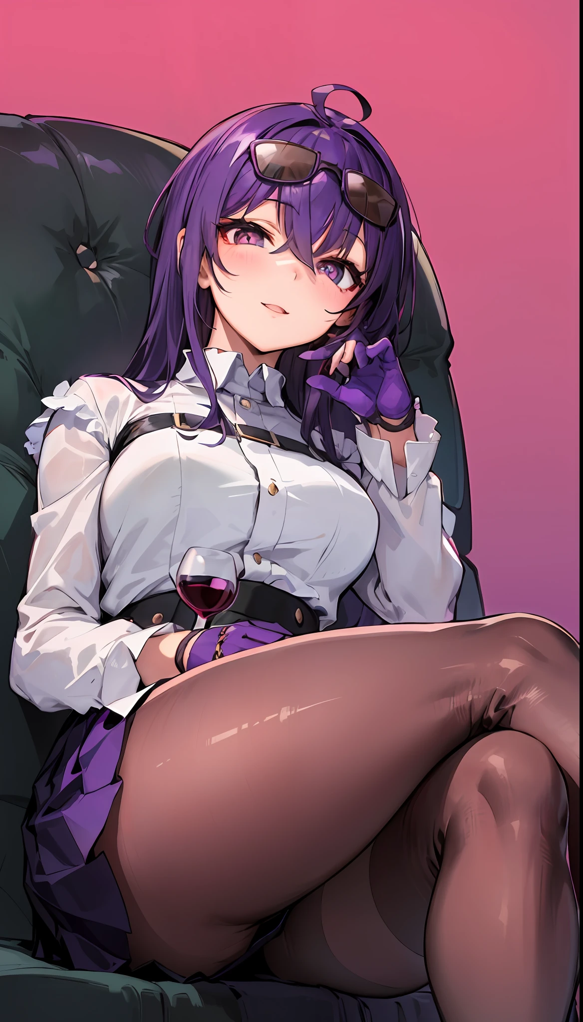 (Masterpiece, Best quality),8K quality, 1girll, 独奏, KafkaHKS, Playful expression!eyewear on head, gradient backgrounds, hair between eye,Long sleeves, Purple gloves, White shirt, Purple pantyhose, Black boots, Purple cobwebs, Black silk thighs, sunglasses on head, long whitr hair, looking at viewert, Fuchsia hair, Short purple nails, Scarlet eyes,Thighs, Thighs,upper legs,long whitr hair,Wine,wineglass,((tmasterpiece))Pleated purple skirt,Sat down,Absolute realm,mistic,magical