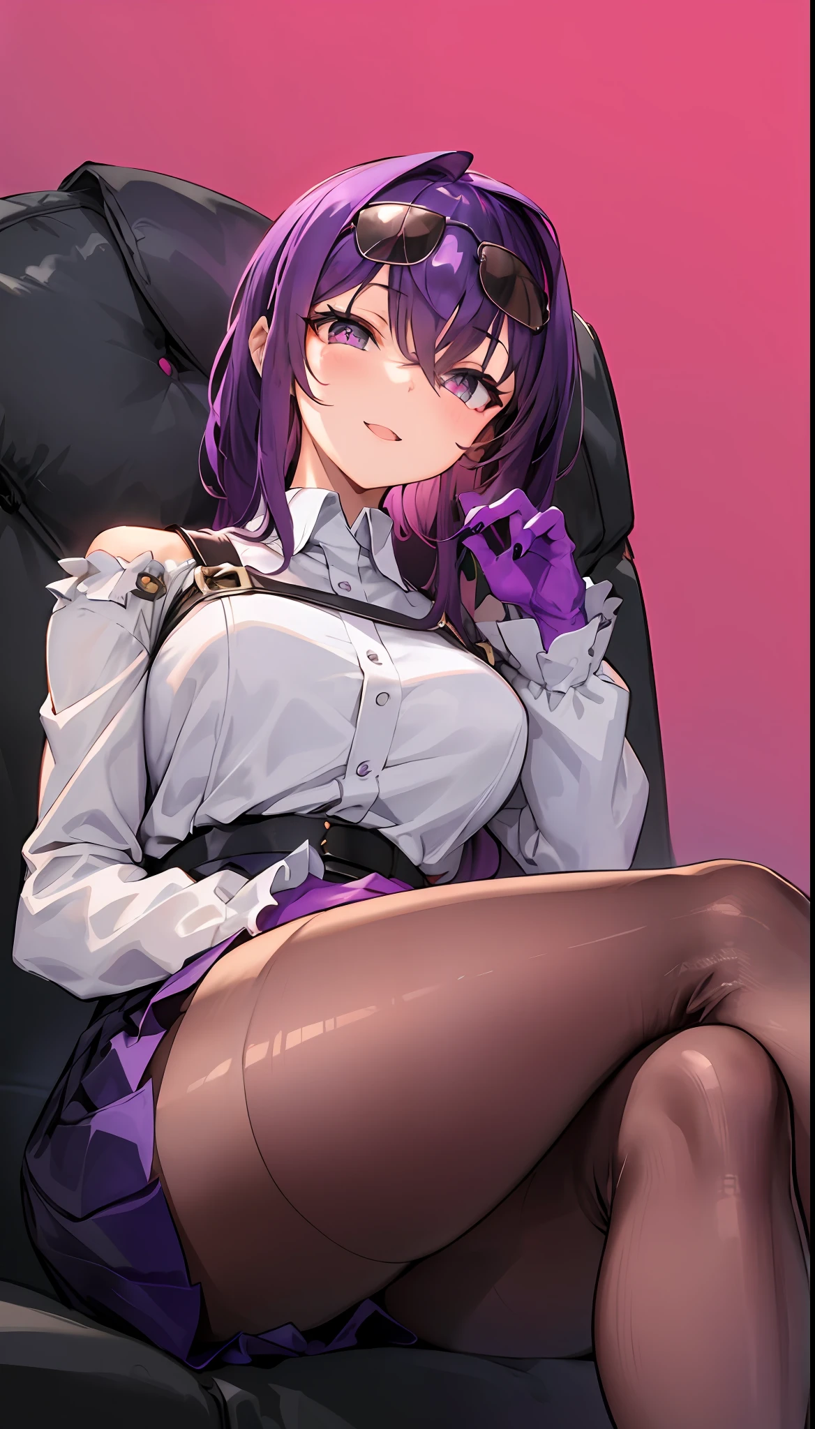(Masterpiece, Best quality),8K quality, 1girll, 独奏, KafkaHKS, Playful expression!eyewear on head, gradient backgrounds, hair between eye,Long sleeves, Purple gloves, White shirt, Purple pantyhose, Black boots, Purple cobwebs, Black silk thighs, sunglasses on head, long whitr hair, looking at viewert, Fuchsia hair, Short purple nails, Scarlet eyes,Thighs, Thighs,upper legs,long whitr hair,Wine,wineglass,((tmasterpiece))Pleated purple skirt,Sat down,Absolute realm,mistic,magical