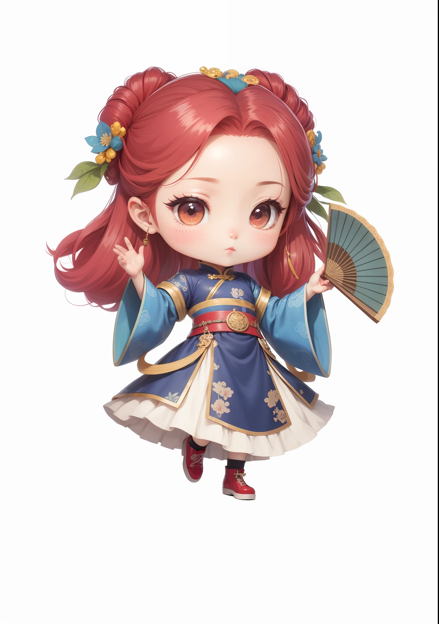 Chibi anime characters,China-style,Chinese-style clothing,Chinese shoes,There are beautiful patterns on the fans,Fine drawing,Fine painting,Refinement,infinite details,high definition detail,Delicate belt,Patterned,Pattern,Blank background,Bright colors,Metal edging
