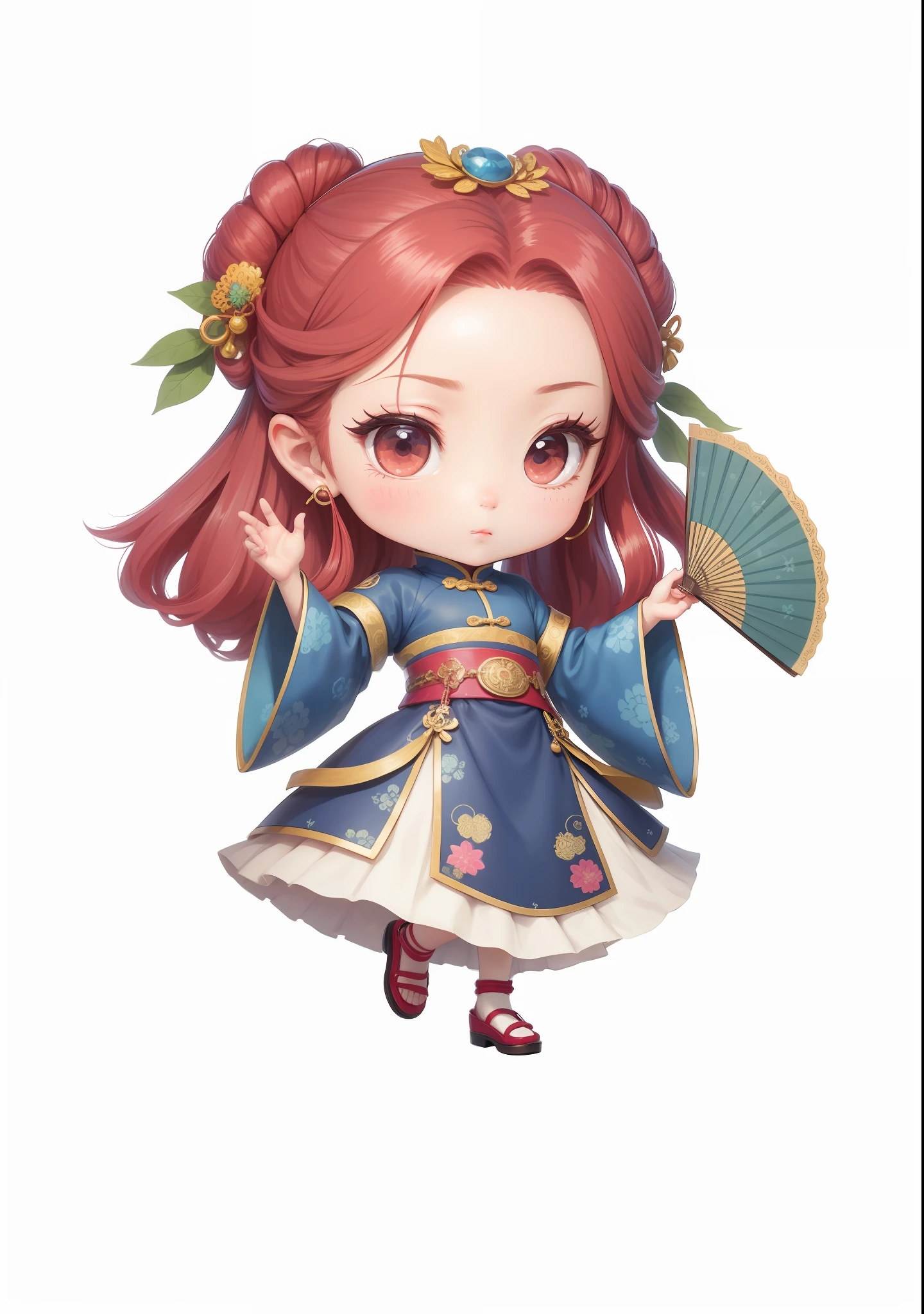Chibi anime characters，China-style，Chinese-style clothing，Chinese shoes，There are beautiful patterns on the fans，Fine drawing，Fine painting，Refinement，infinite details，high definition detail，Delicate belt，Patterned，Pattern，Blank background，Bright colors，Metal edging
