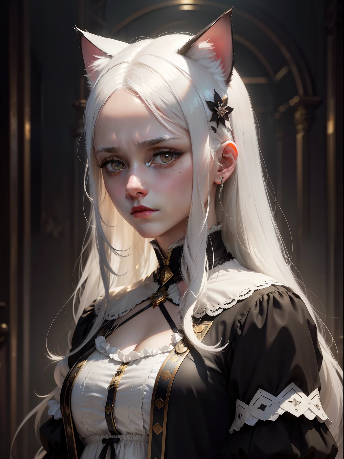 white hair, hair ornament, mole under eye, cat ears, sad, panorama,Neoclassicism, Tonalism, cinematic lighting, UHD, textured skin, highres