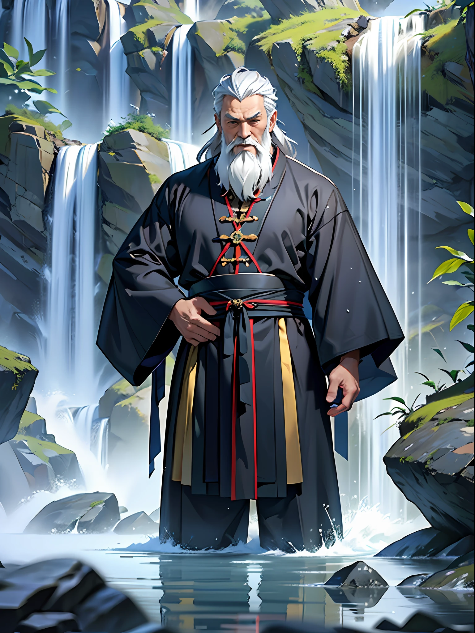 A Taoist priest, wearing a costume, 65 yeas old, gray hair and beard, standing in water, had his hands folded, Next to it is a barrier formed by water, The background is a waterfall, Ultra-wide angle, Masterpiece, Anatomically correct, Super detail