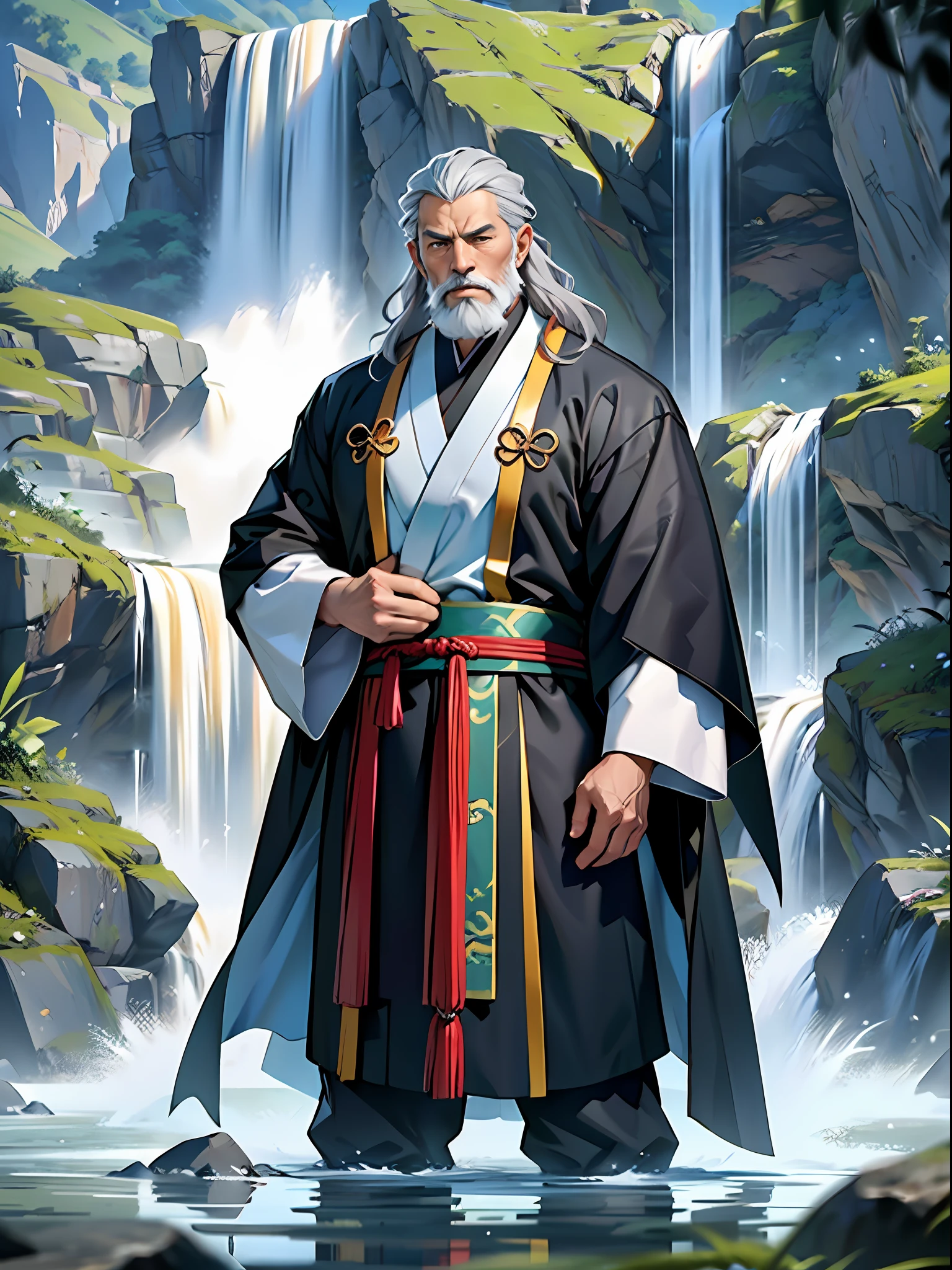 A Taoist priest, wearing a costume, 65 yeas old, gray hair and beard, standing in water, had his hands folded, Next to it is a barrier formed by water, The background is a waterfall, Ultra-wide angle, Masterpiece, Anatomically correct, Super detail