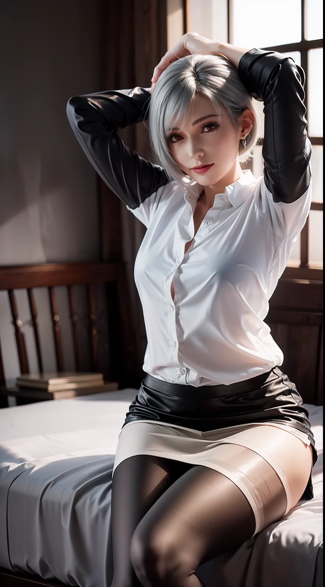 (((1 girl)),ray tracing,(dim lighting),[detailed background (bedroom)),((silver hair)),((silver hair)),(Fluffy silver hair, plump and slender girl))) with high ponytail))) Avoid golden eyes in the ominous bedroom ((((Girl wears a white shirt, black wrinkled skirt with black transparent pantyhose), showing a delicate slim figure and graceful curves, correct limbs, sitting on the bed with hands behind her head, Put both hands behind your head