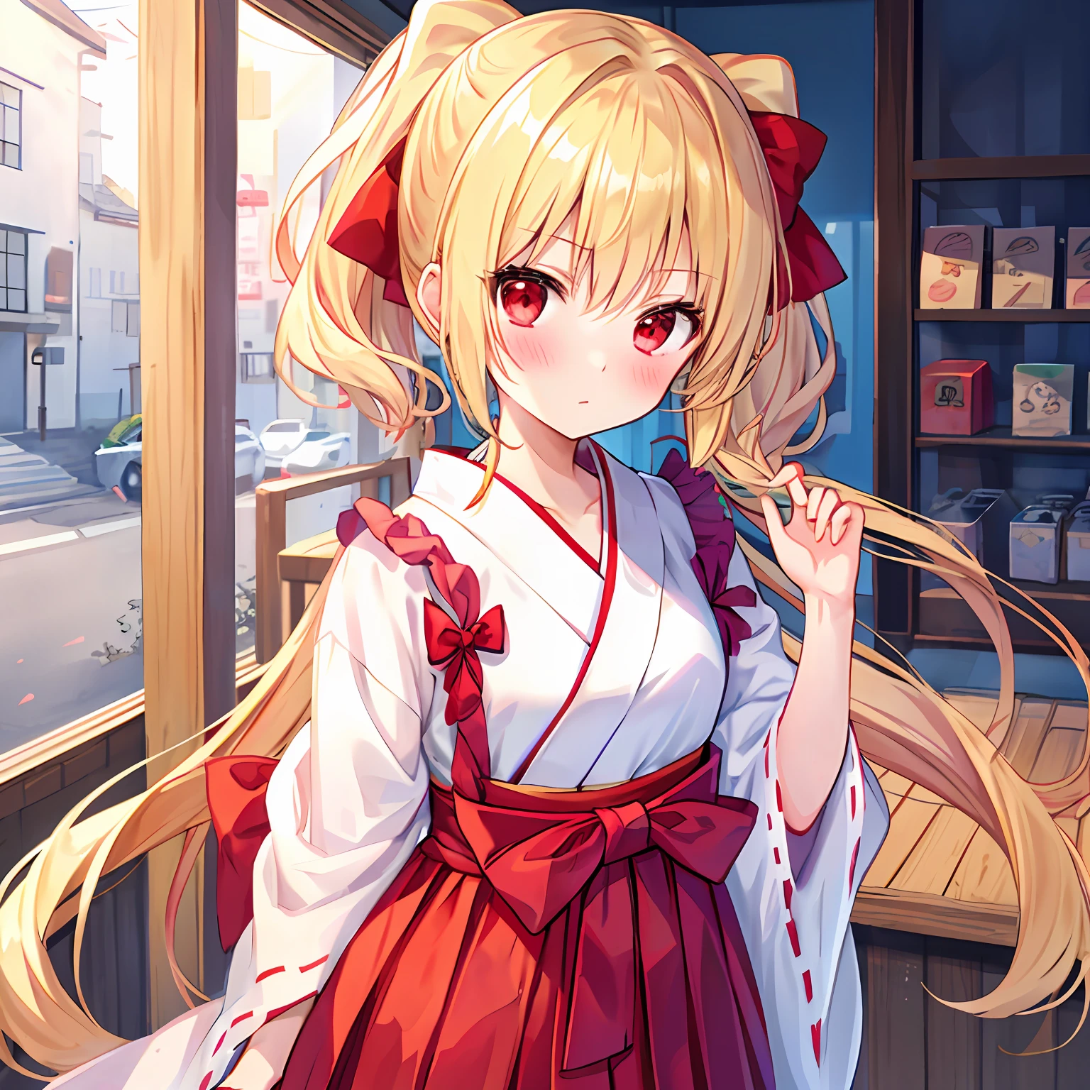 red blush、blonde  hair、Hair is up、red eyes、Beautiful girl alone、animesque、独奏、lonely、hakama、the bow