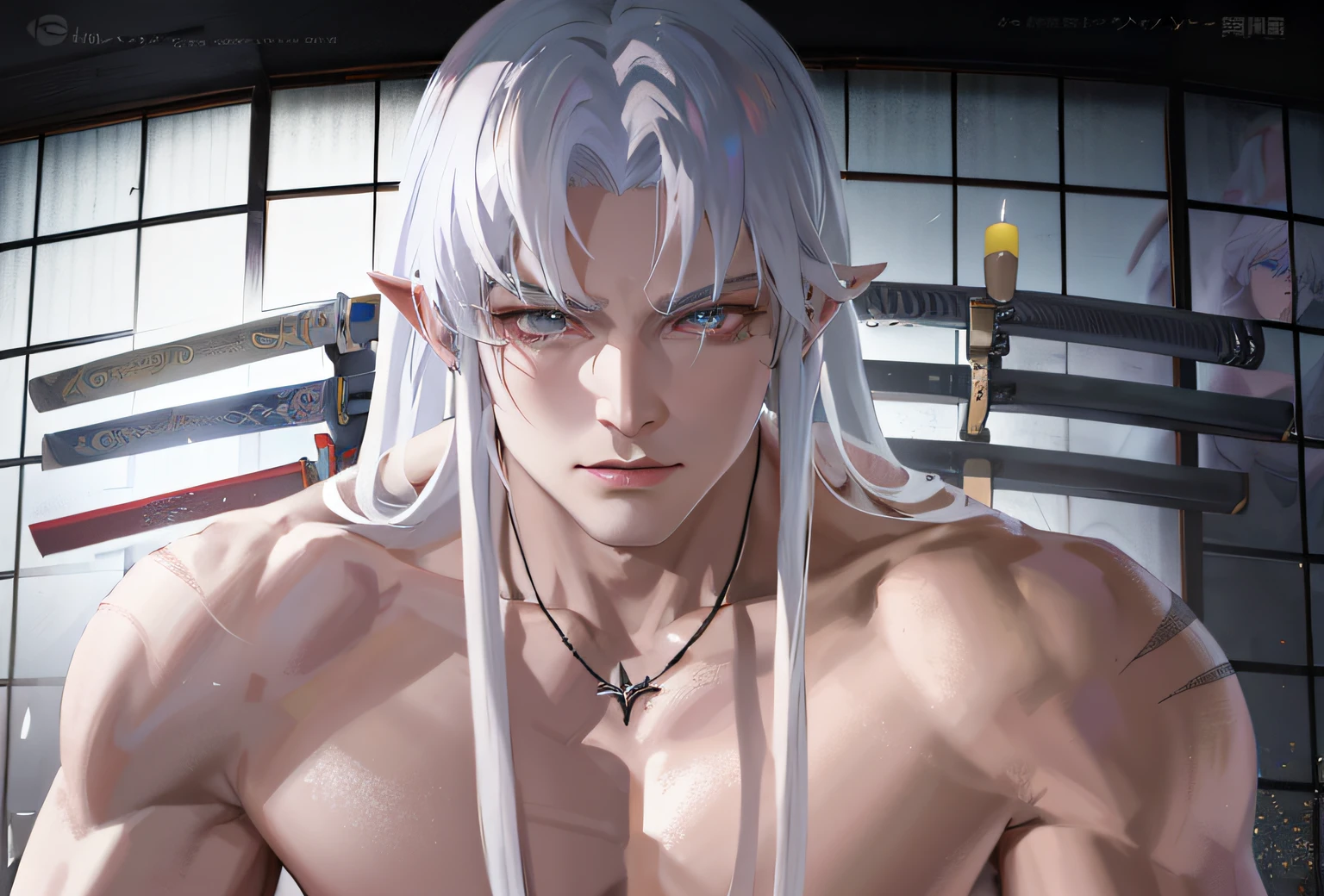 Anime characters with white hair and white wigs holding knives, white-haired god, fit male demon with white horns, male anime character, detailed anime character art, made with anime painter studio, Detailed digital anime art, white haired Cangcang, handsome guy in demon killer art, 2. 5 D CGI anime fantasy artwork, realistic anime style at pixiv,Normal human ears,Slightly rounded chin,Black colored eyes,