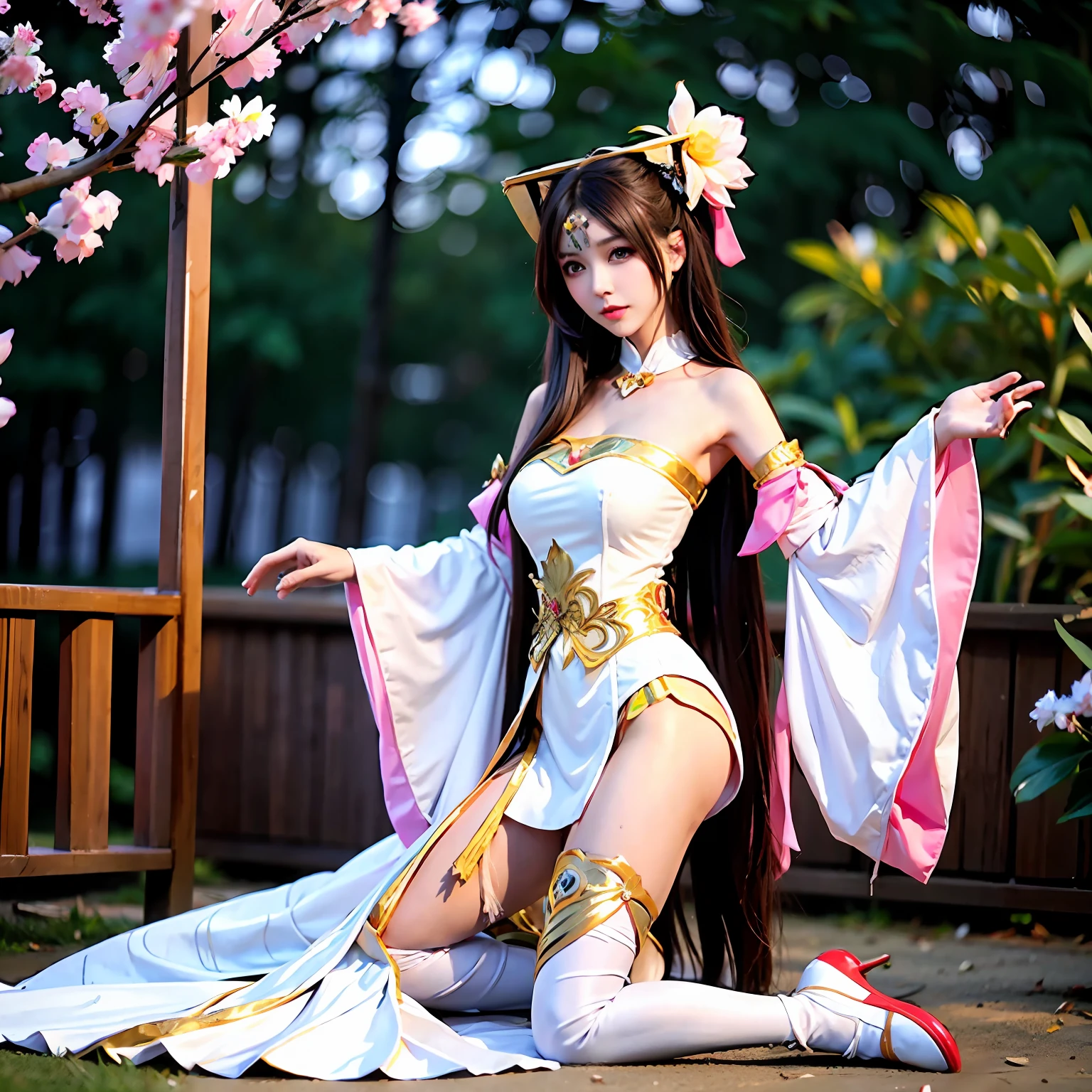 ，Diao fart，Wide sleeves， 1girll， 独奏， long whitr hair， high-heels， brown  hair， Thighs, thighs， shift dresses， Separate sleeves， florals， Realistis， with brown eye， hair adornments， exposed bare shoulders， Wide sleeves， flower hairpin， soft breasts， Female nudity