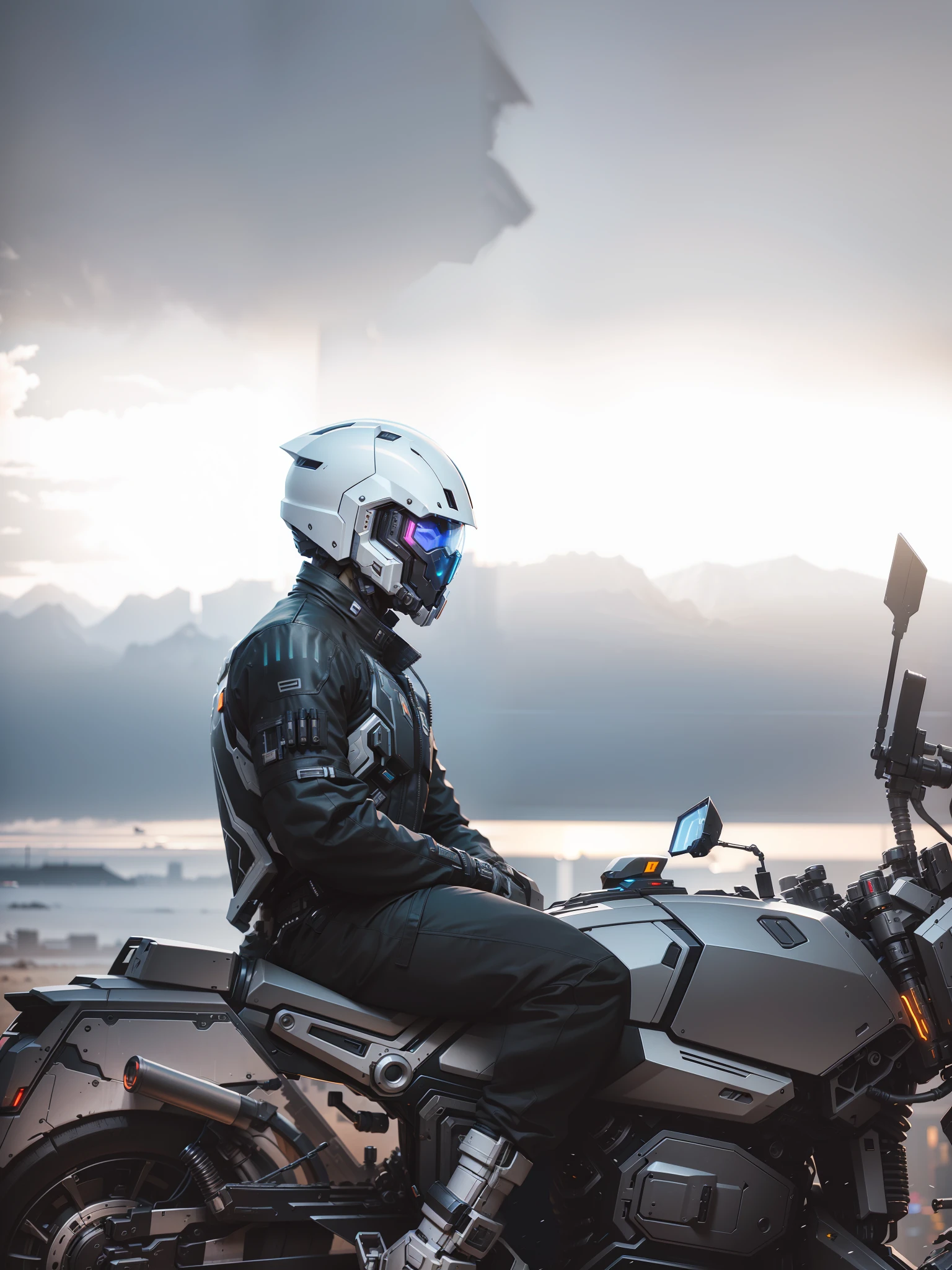 Handsome cyberpunk mech warrior，Black cyberpunk mech costume，High-tech black full enveloping helmet，Biomechanicals， MSHN Robot Man，High-tech helmet，hyper realisitc， Steel， Complex design， insanely details， finely detailled， Extremely clear lines， cinmatic lighting， photograph realistic， A detailed masterpiece