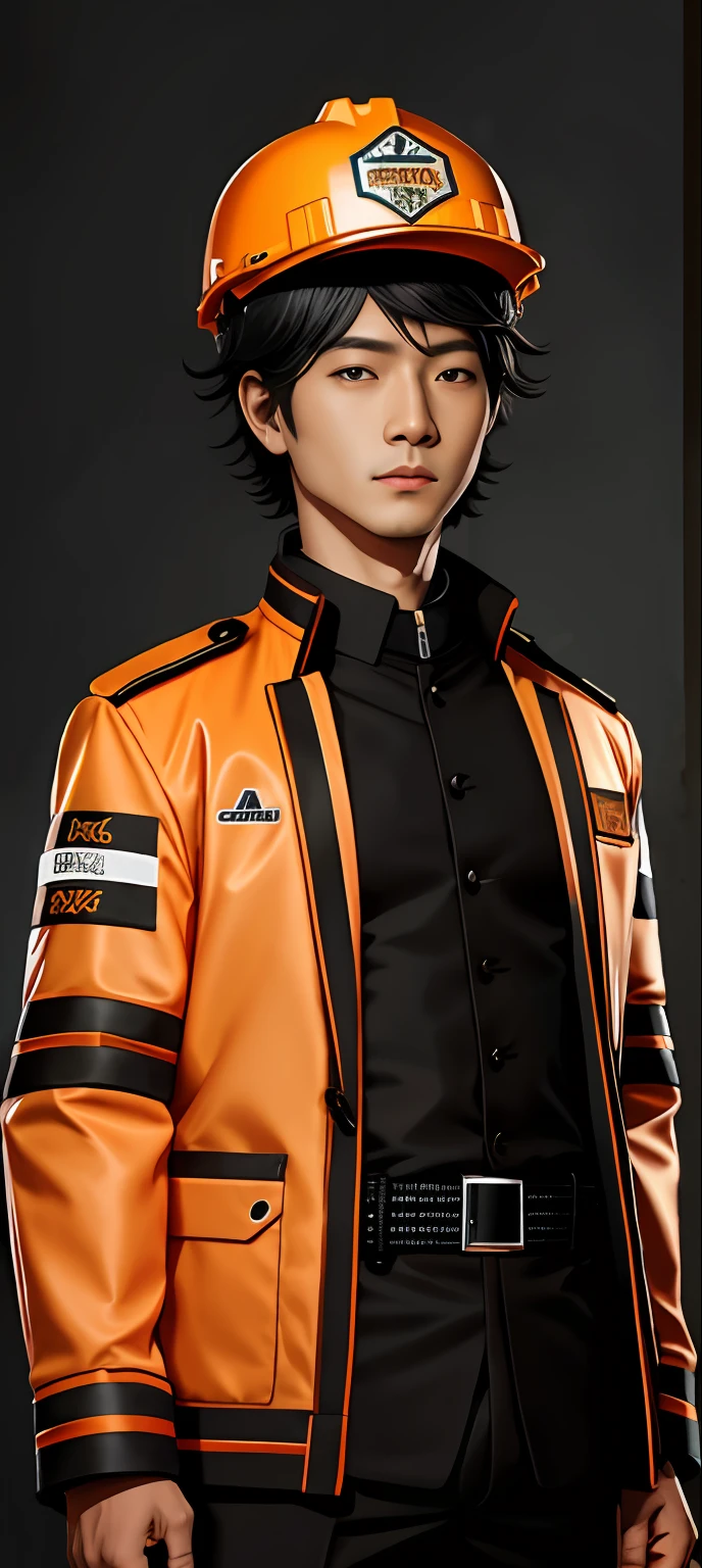 best qualtiy,GameCG,2boy,tmasterpiece,best qualtiy,8K,detailed skin textures,Detailed cloth texture,beautifull detailed face,Complicated details,the ultra-detailed,Crayon Shin,Civil engineering uniforms,black color hair,Orange hard hat(full bodyesbian)