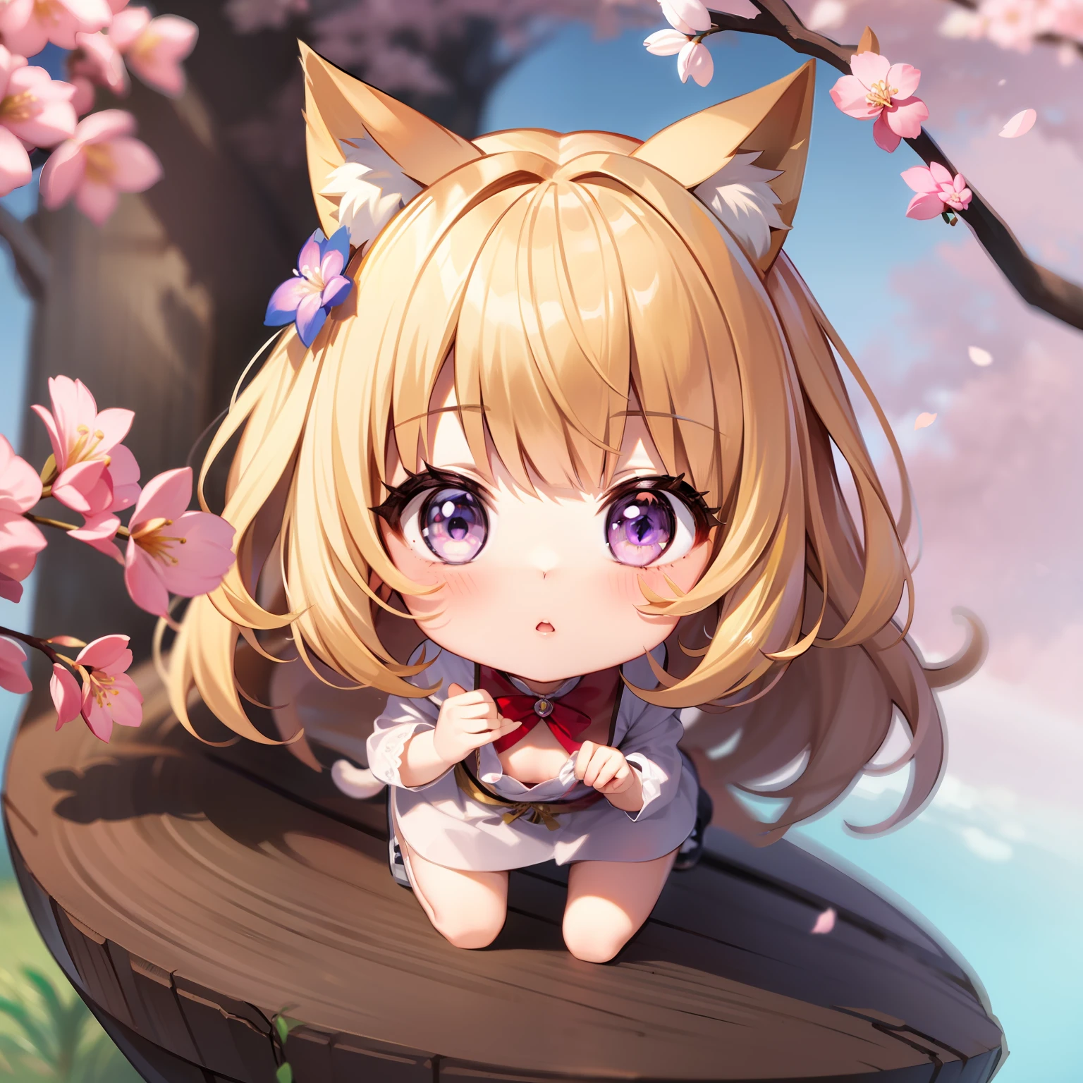 Chibi Cat、Bright background、Very cute、a blond、showy、Less exposure、 girl、Cherry blossom background、