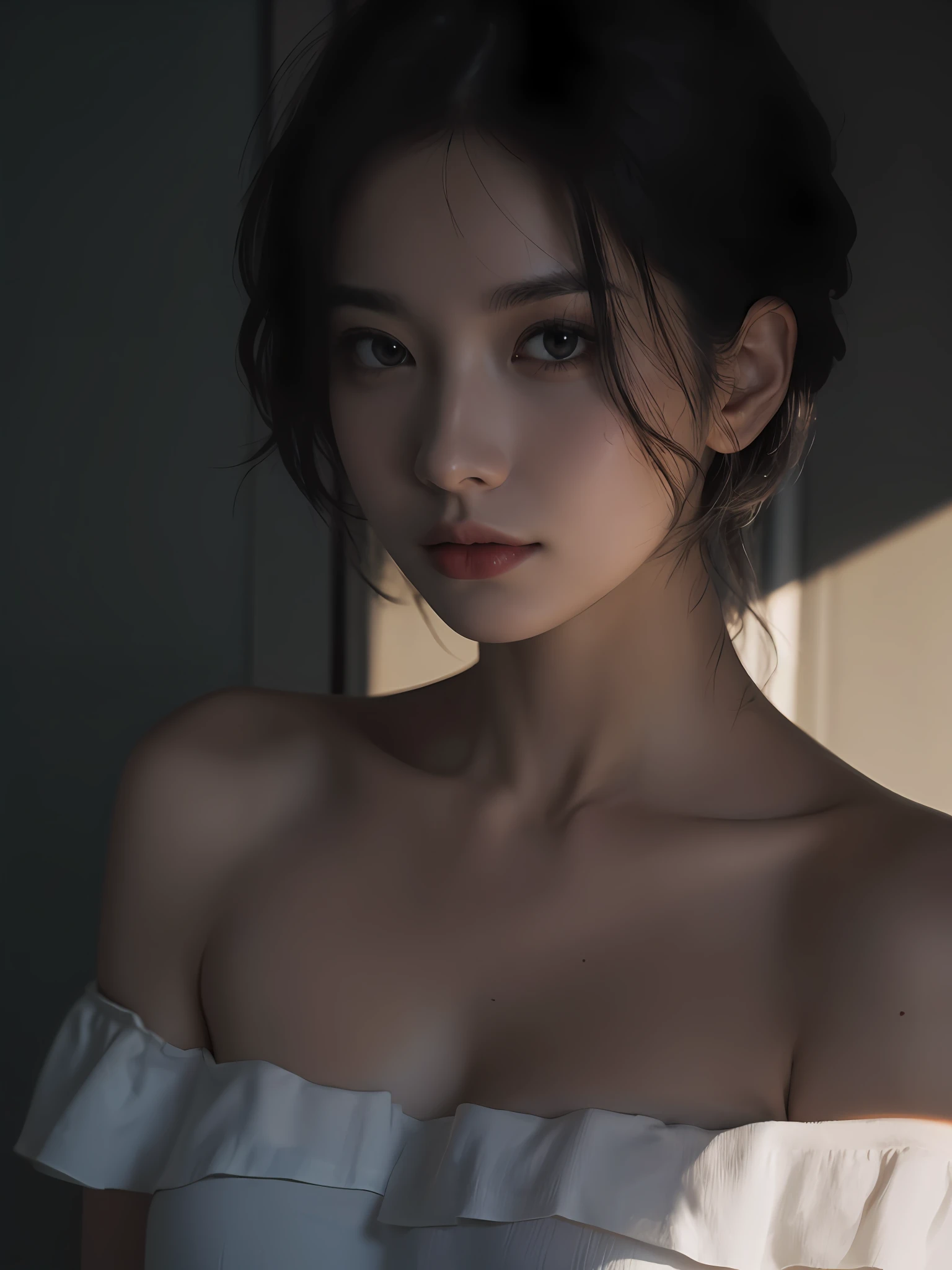 Best quality, masterpiece, ultra high res, (photorealistic:1.5), raw photo, 1girl, offshoulder, in the dark, deep shadow, low key, cold light, sexy look, short hair