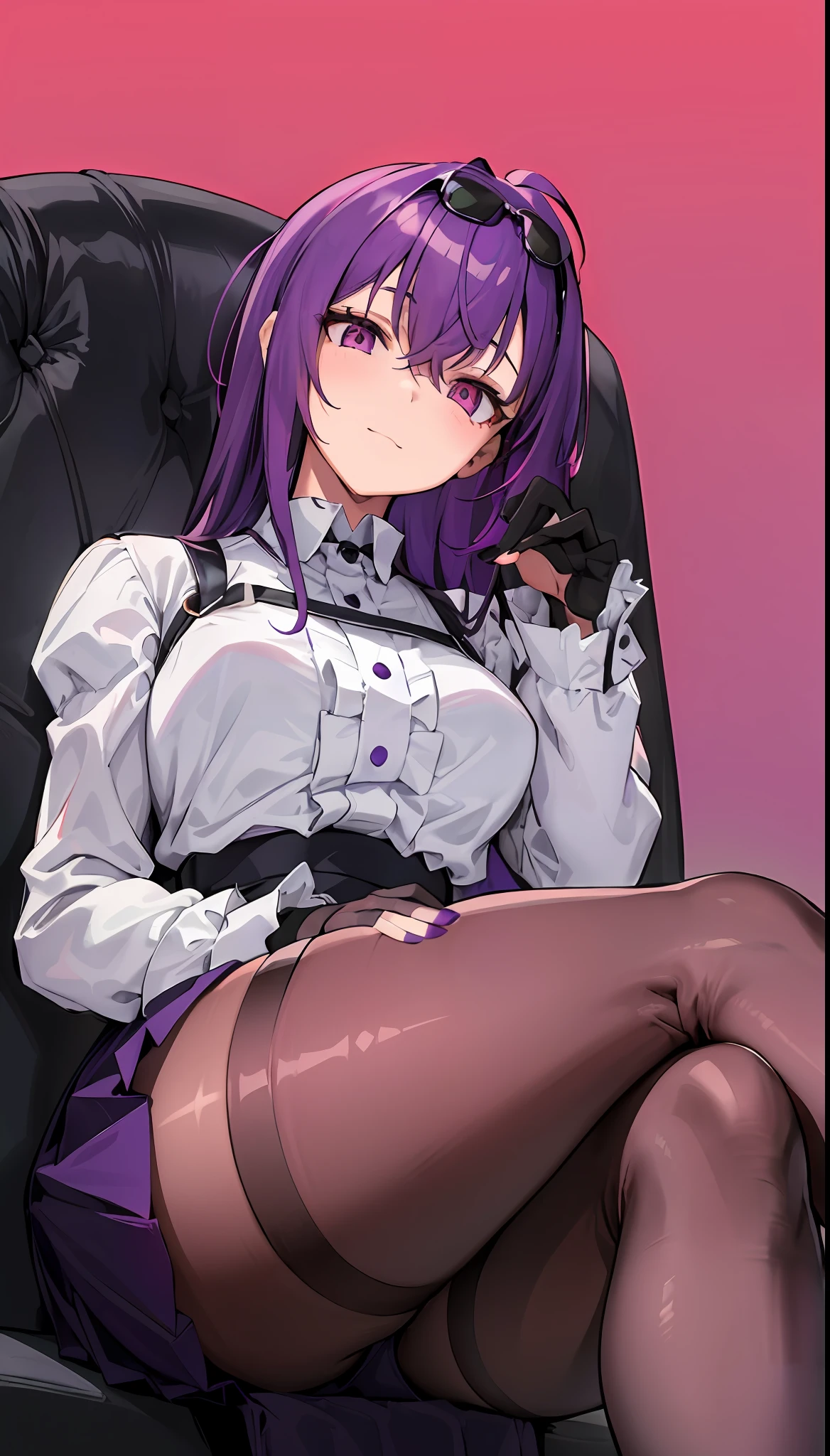 (Masterpiece, Best quality),8K quality,  1girll, 独奏, KafkaHKS, Playful expression！eyewear on head,  gradient backgrounds， hair between eye，Long sleeves, Purple gloves, White shirt,  Purple pantyhose, Black boots, Purple cobwebs， Black silk thighs， （sunglasses on head：1.5）， long whitr hair， looking at viewert， （Burgundy hair：1.3）， Short purple nails， Scarlet eyes，Thighs, Thighs，upper legs，long whitr hair，Wine，wineglass，（（tmasterpiece））Pleated purple skirt，Sat down，Absolute realm，mistic，magical